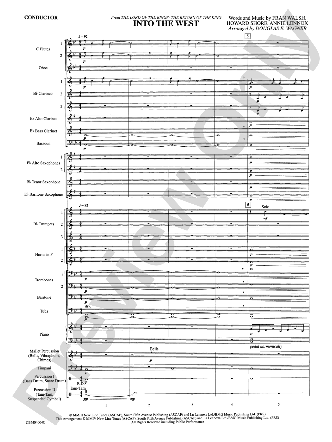 Into the West (from The Lord of the Rings: The Return of the King): Concert Band Conductor Score & Parts