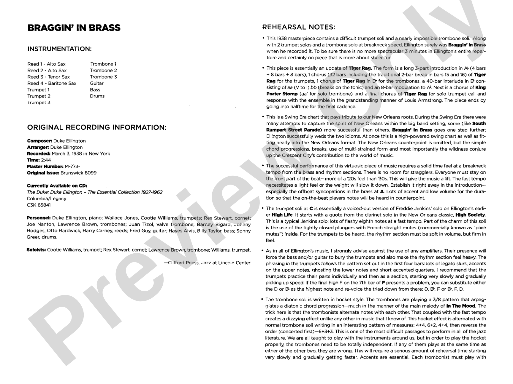 Braggin in Brass: Jazz Ensemble Conductor Score & Parts