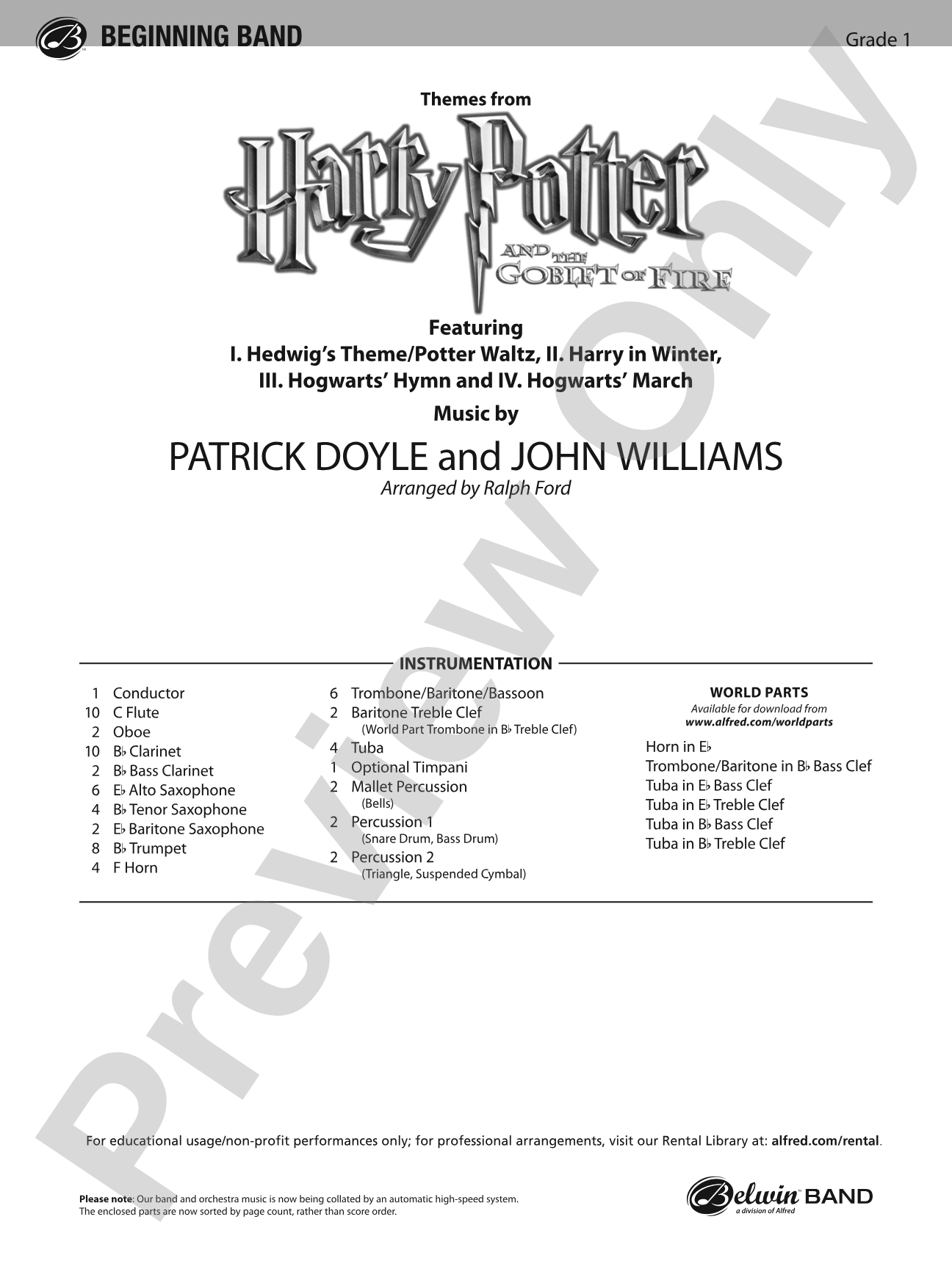 Harry Potter and the Goblet of Fire, Themes from: Concert Band Conductor Score & Parts