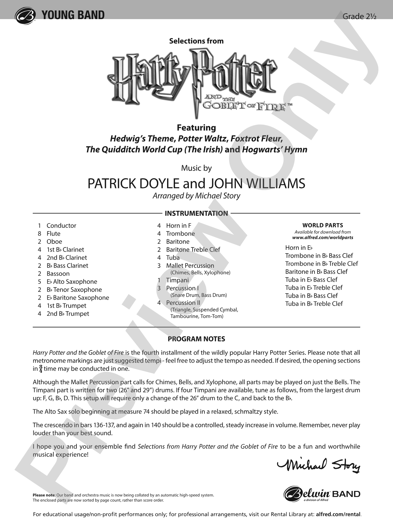 Harry Potter and the Goblet of Fire, Selections from: Concert Band Conductor Score & Parts