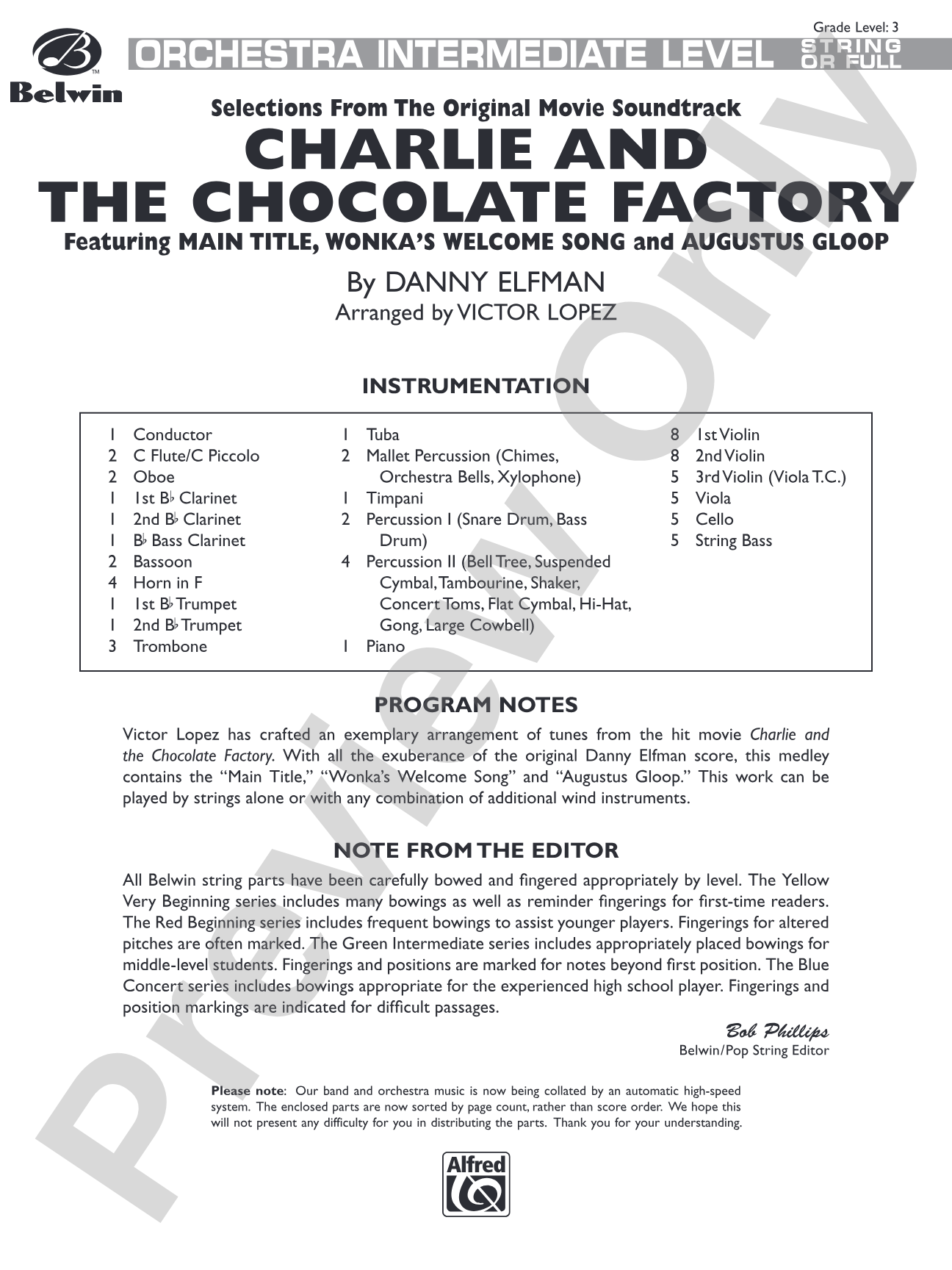Charlie and the Chocolate Factory, Selections from: Full Orchestra Conductor Score & Parts