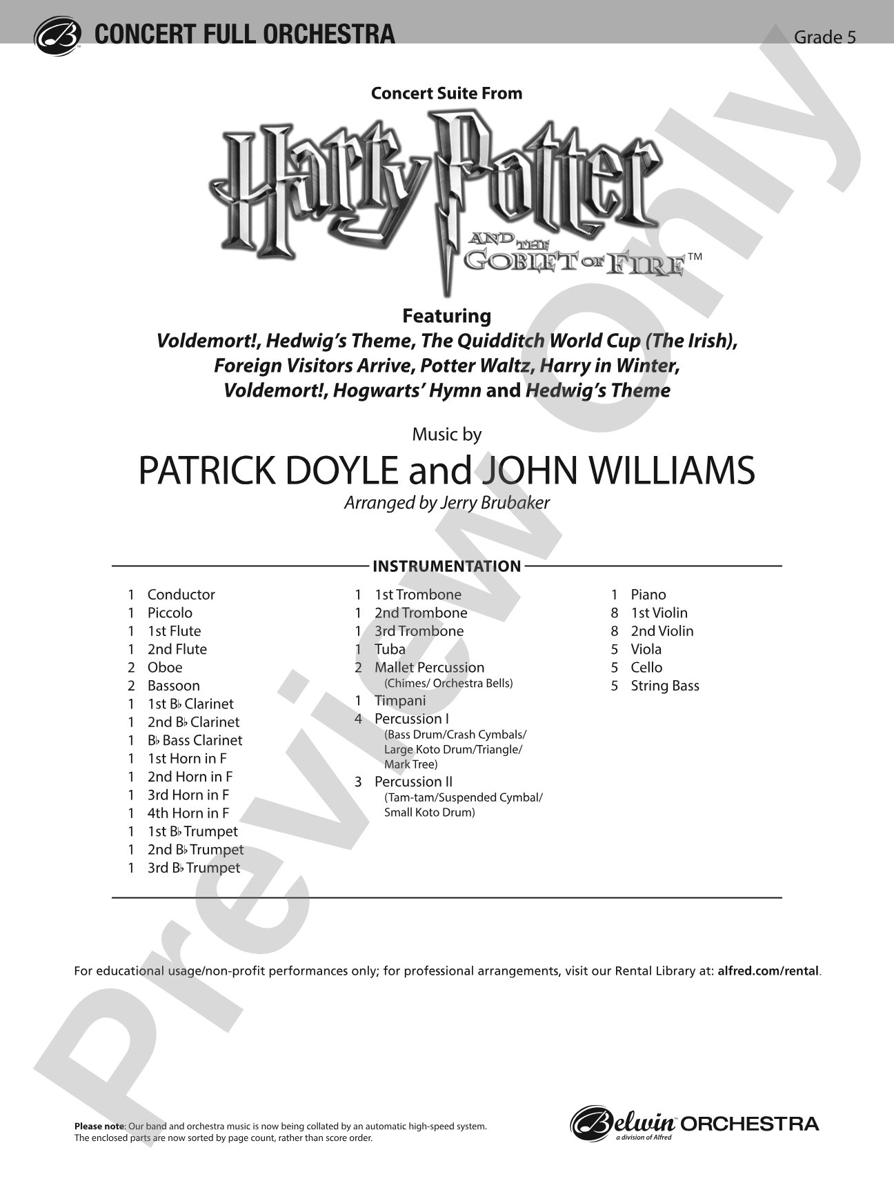 Harry Potter and the Goblet of Fire,™ Concert Suite from: Full Orchestra Conductor Score & Parts