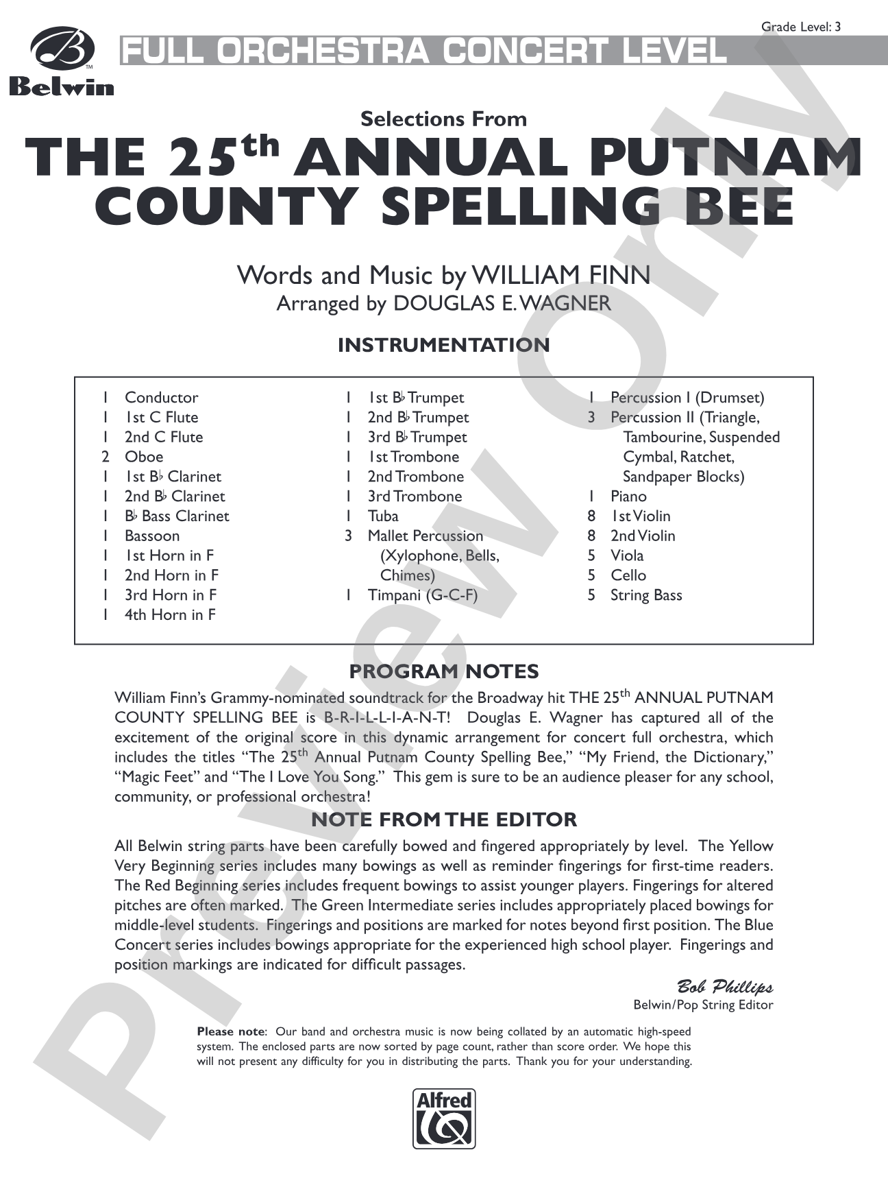 The 25th Annual Putnam County Spelling Bee,™ Selections from: Full Orchestra Conductor Score & Parts