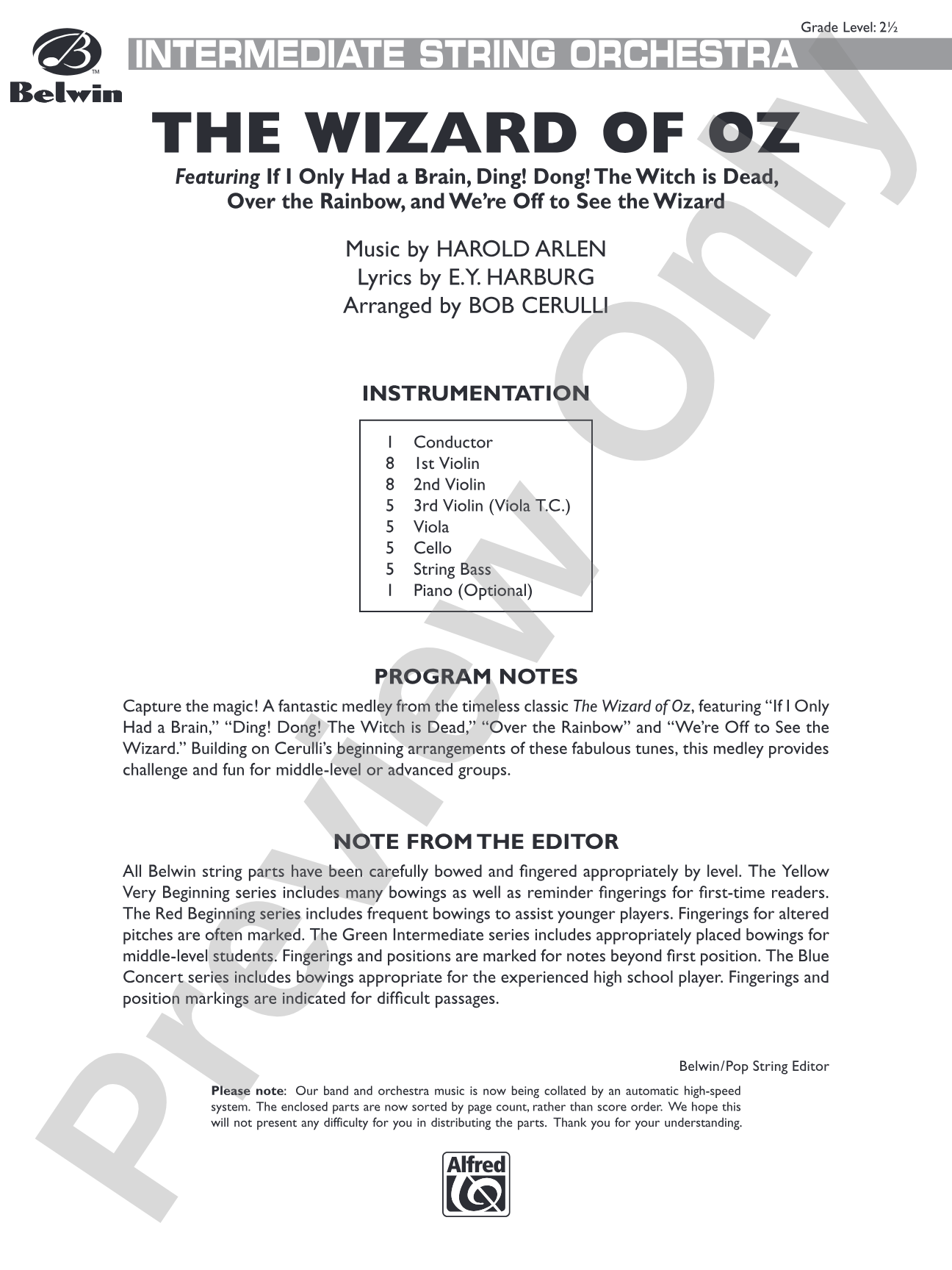 The Wizard of Oz: String Orchestra Conductor Score & Parts