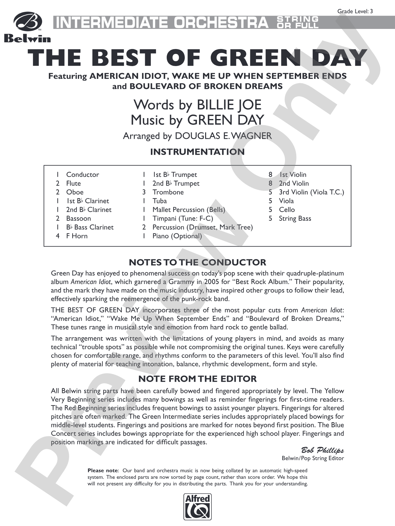 The Best of Green Day: Full Orchestra Conductor Score & Parts