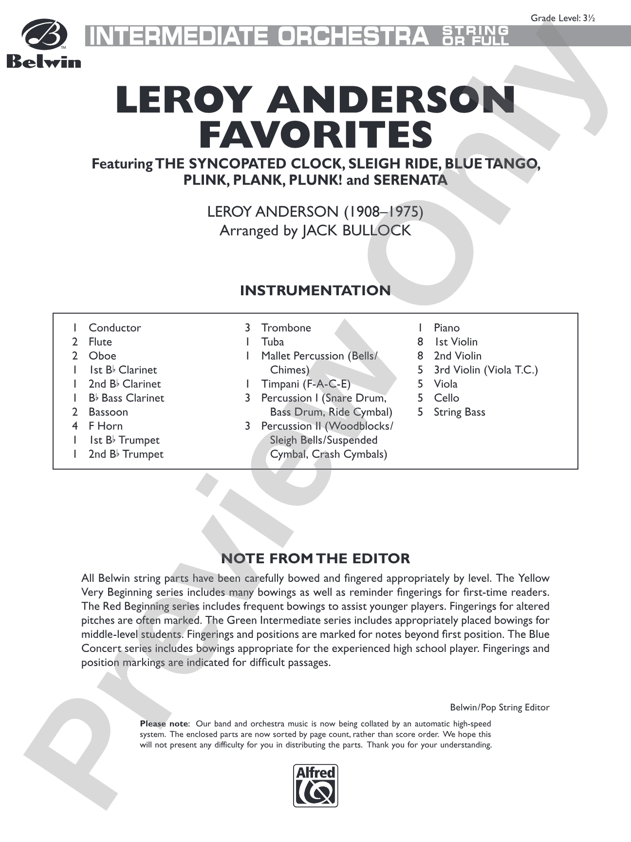 Leroy Anderson Favorites: Full Orchestra Conductor Score & Parts