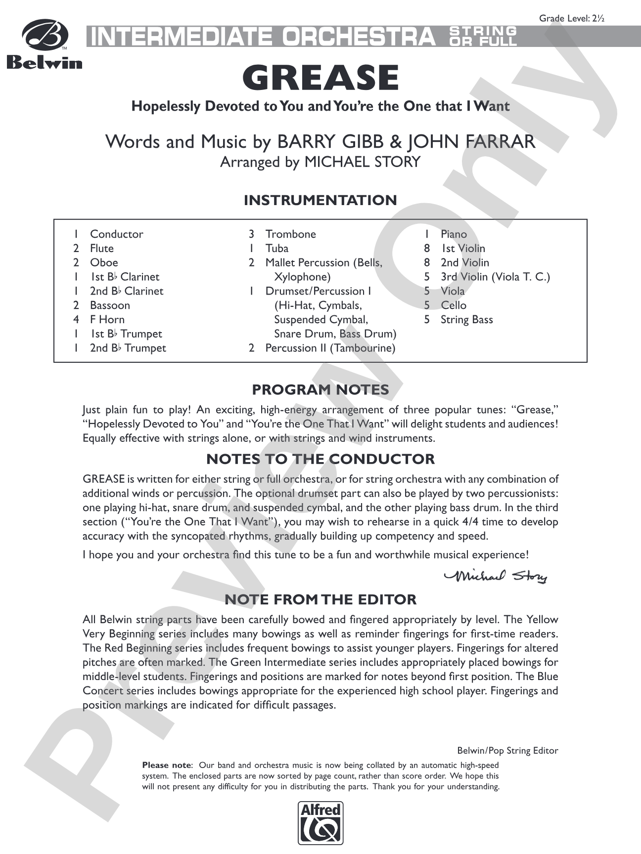 Grease: Full Orchestra Conductor Score & Parts