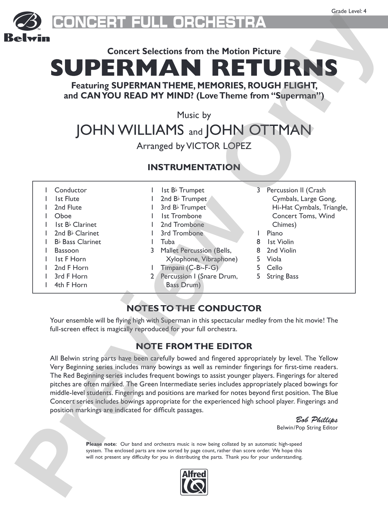 Superman Returns, Concert Selections from: Full Orchestra Conductor Score & Parts