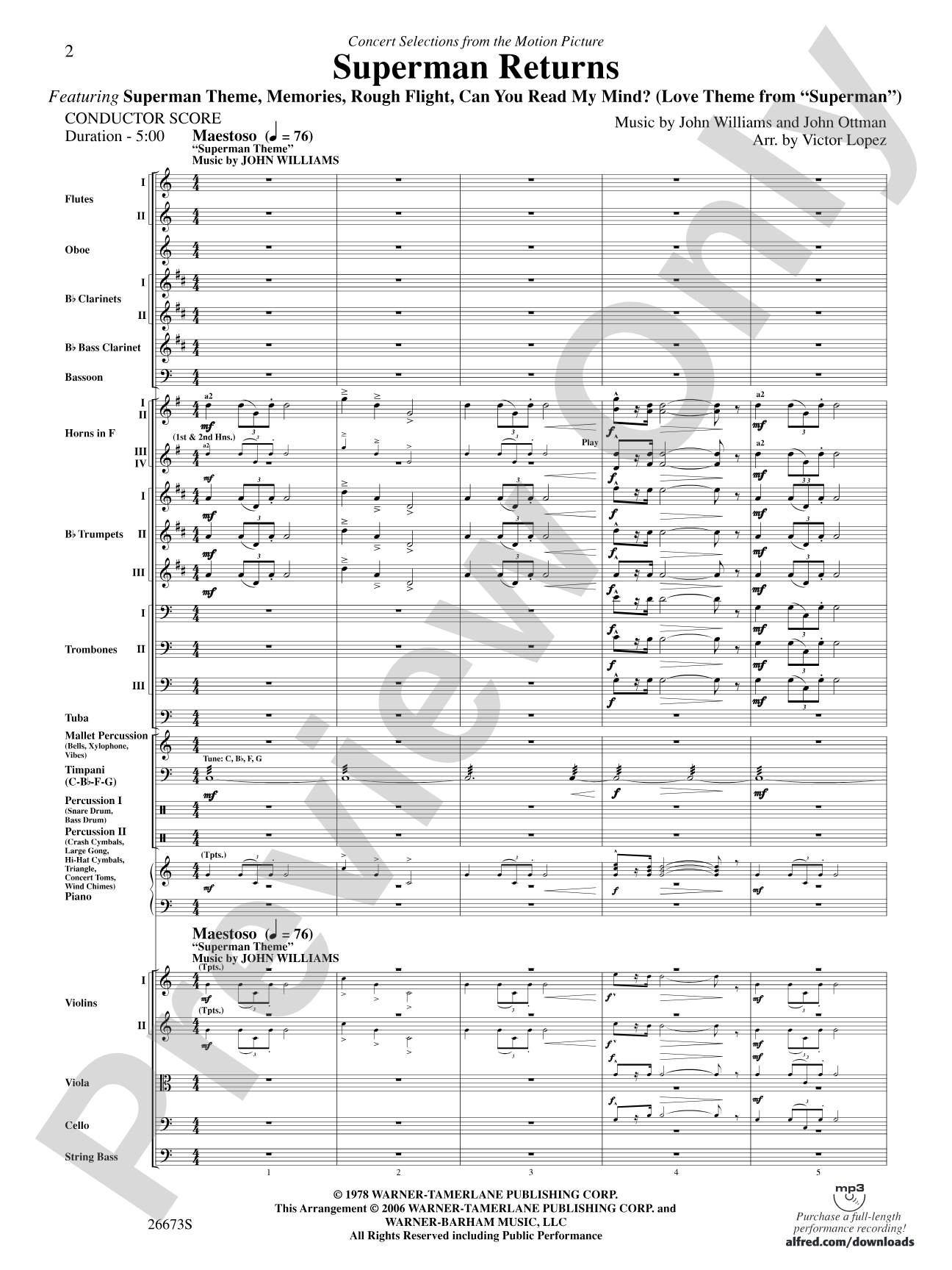 Superman Returns, Concert Selections from: Full Orchestra Conductor Score & Parts
