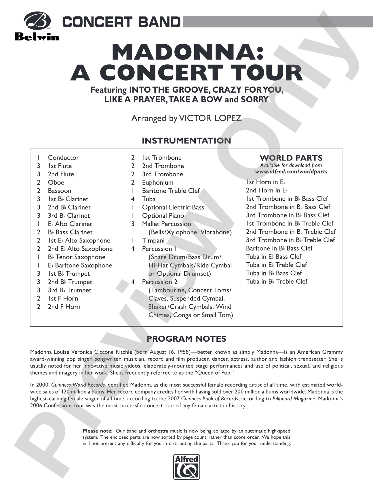 Madonna: A Concert Tour: Concert Band Conductor Score & Parts