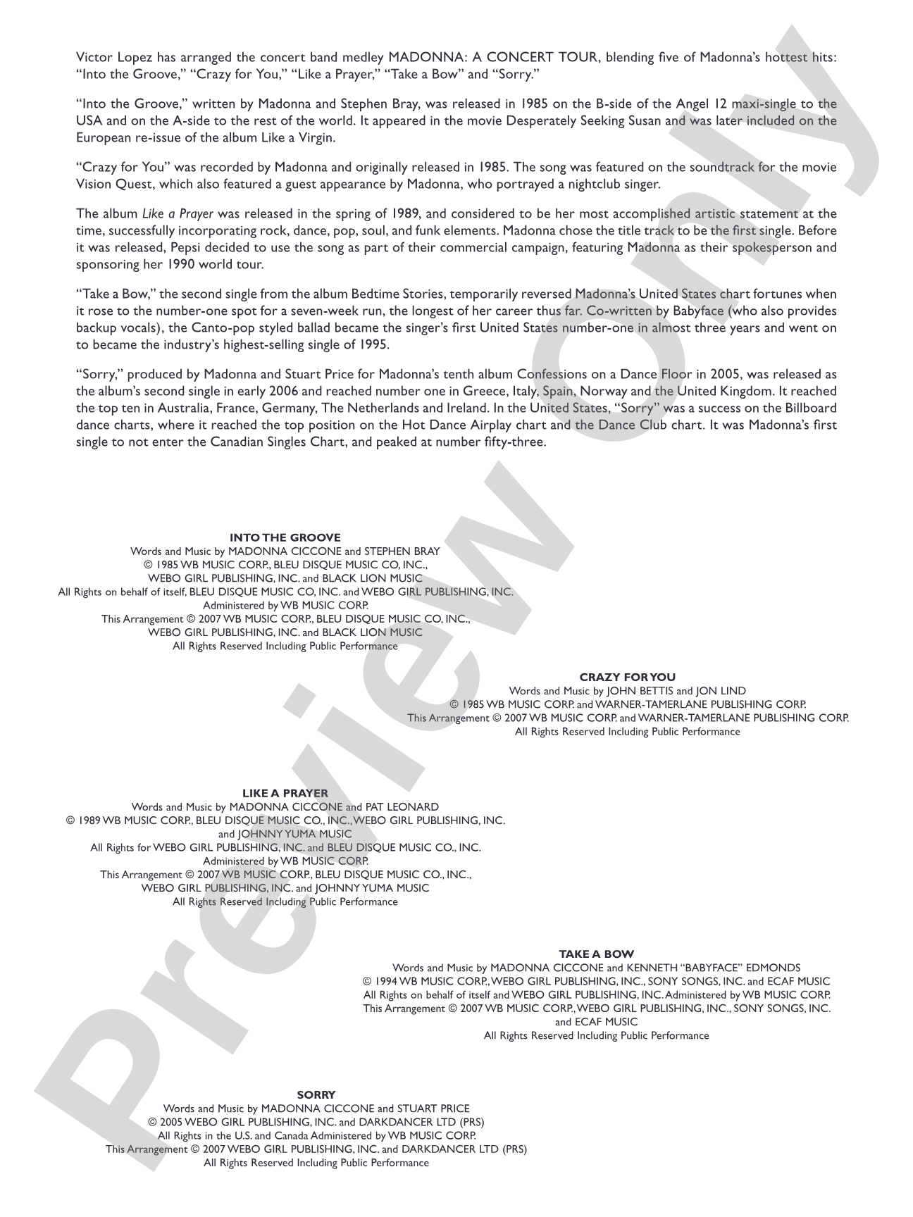 Madonna: A Concert Tour: Concert Band Conductor Score & Parts