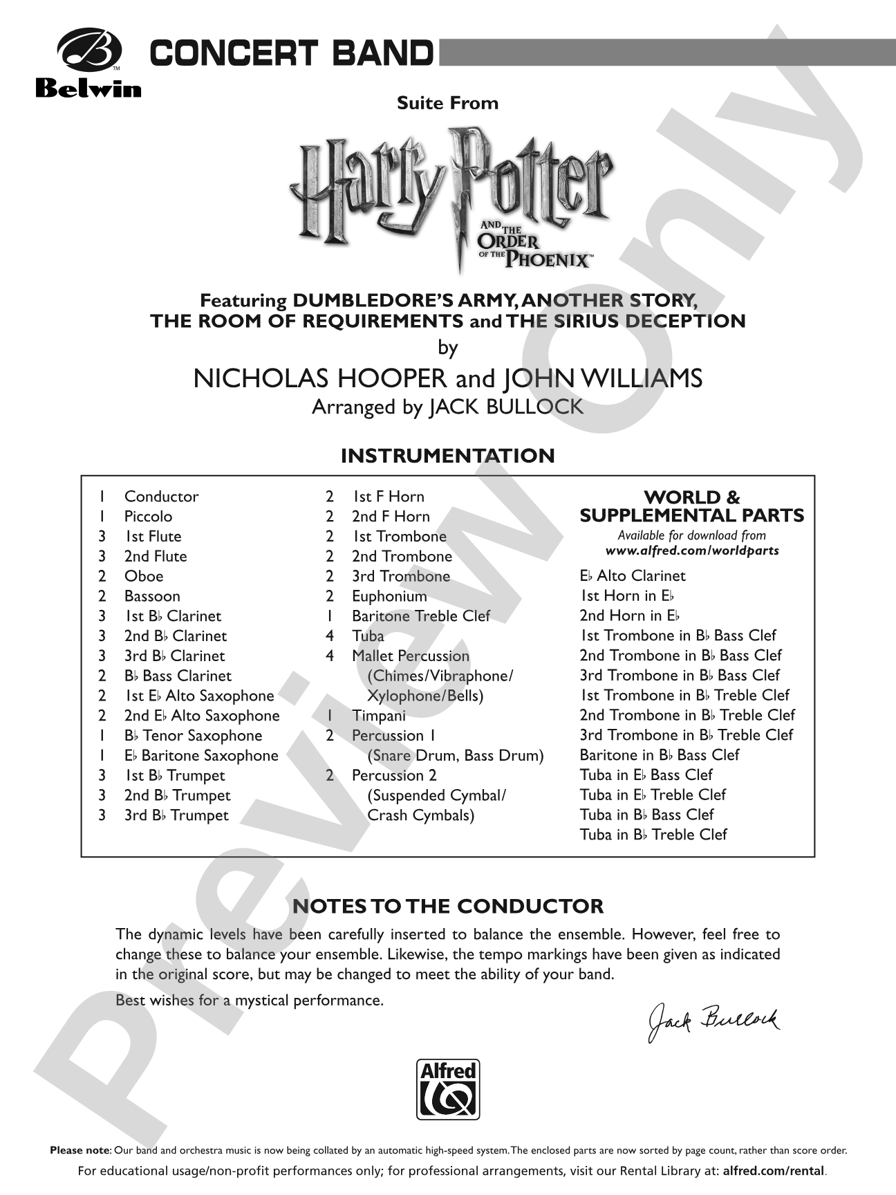 Harry Potter and the Order of the Phoenix, Suite from: Concert Band Conductor Score & Parts