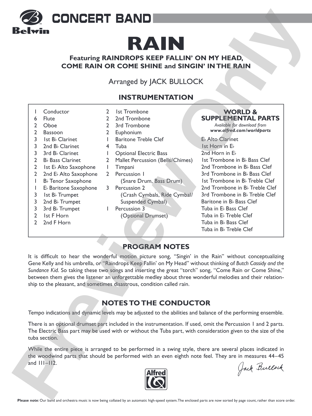Rain: Concert Band Conductor Score & Parts