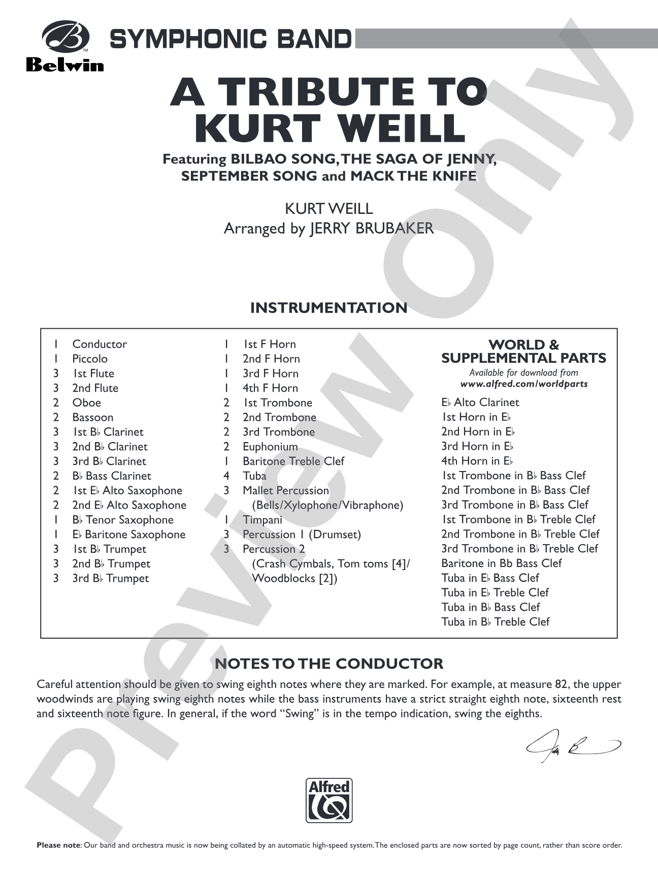 A Tribute to Kurt Weill: Concert Band Conductor Score & Parts