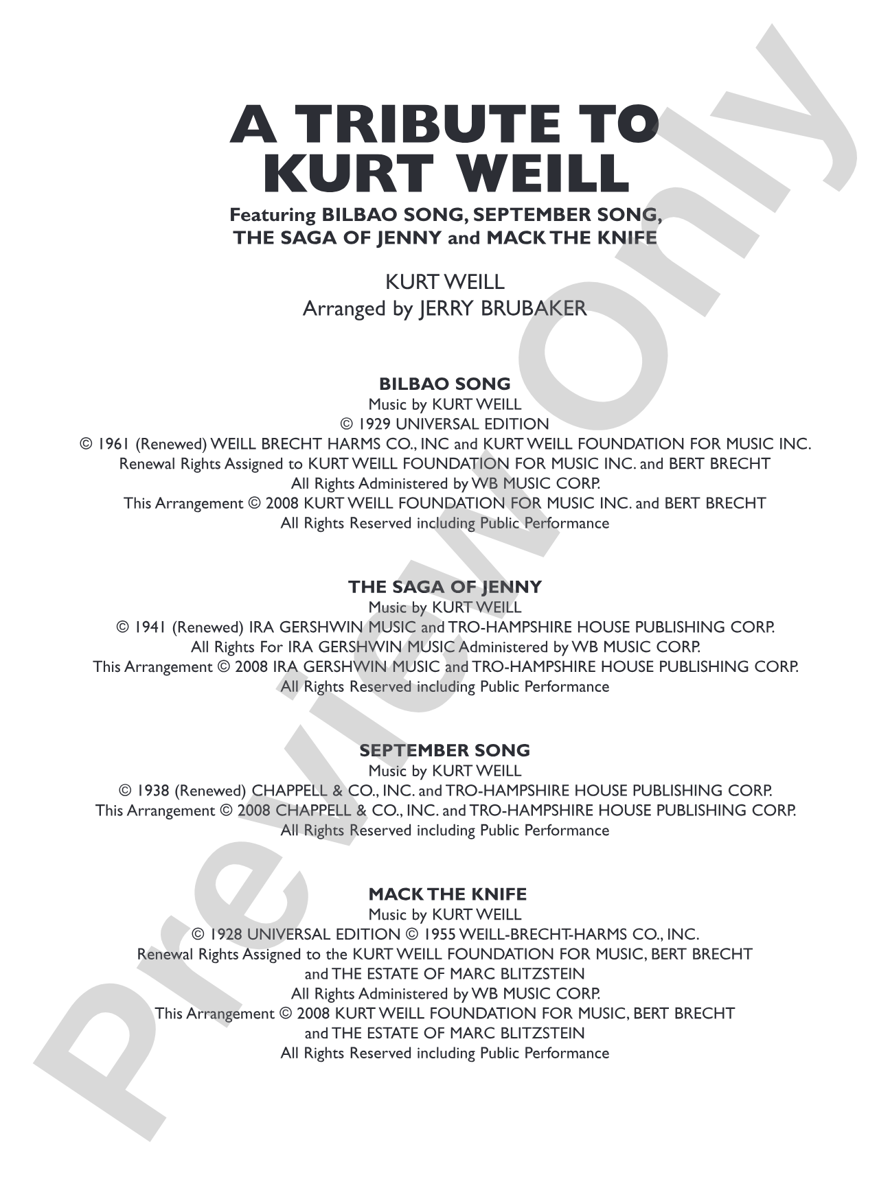 A Tribute to Kurt Weill: Concert Band Conductor Score & Parts