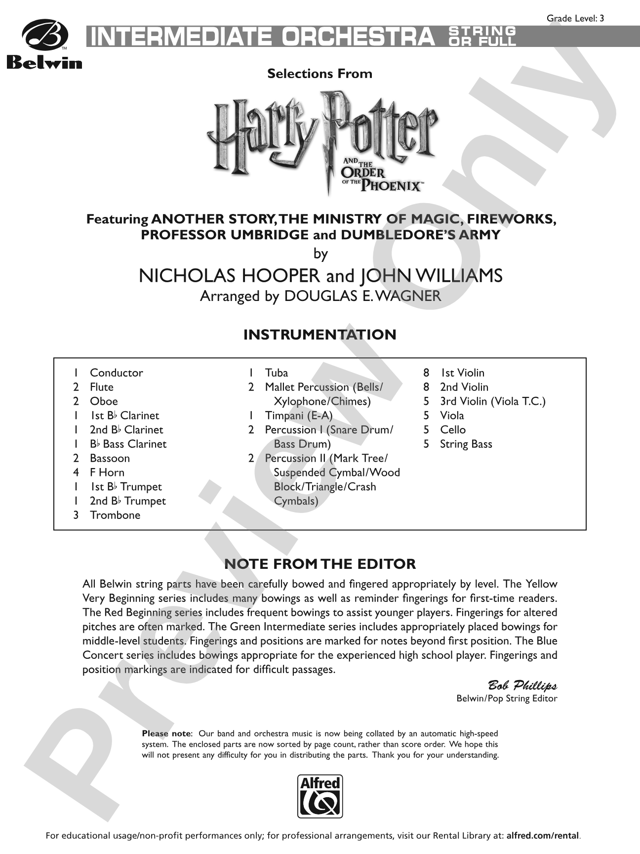 Harry Potter and the Order of the Phoenix, Selections from: Full Orchestra Conductor Score & Parts