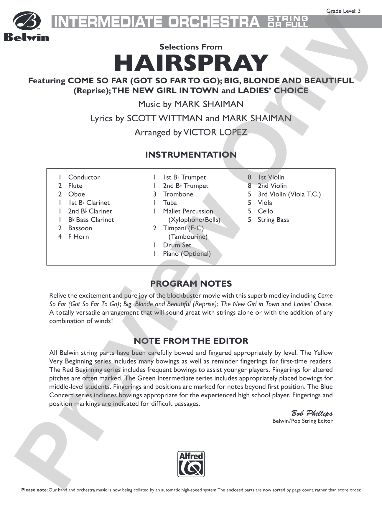 Hairspray, Selections from: Full Orchestra Conductor Score & Parts