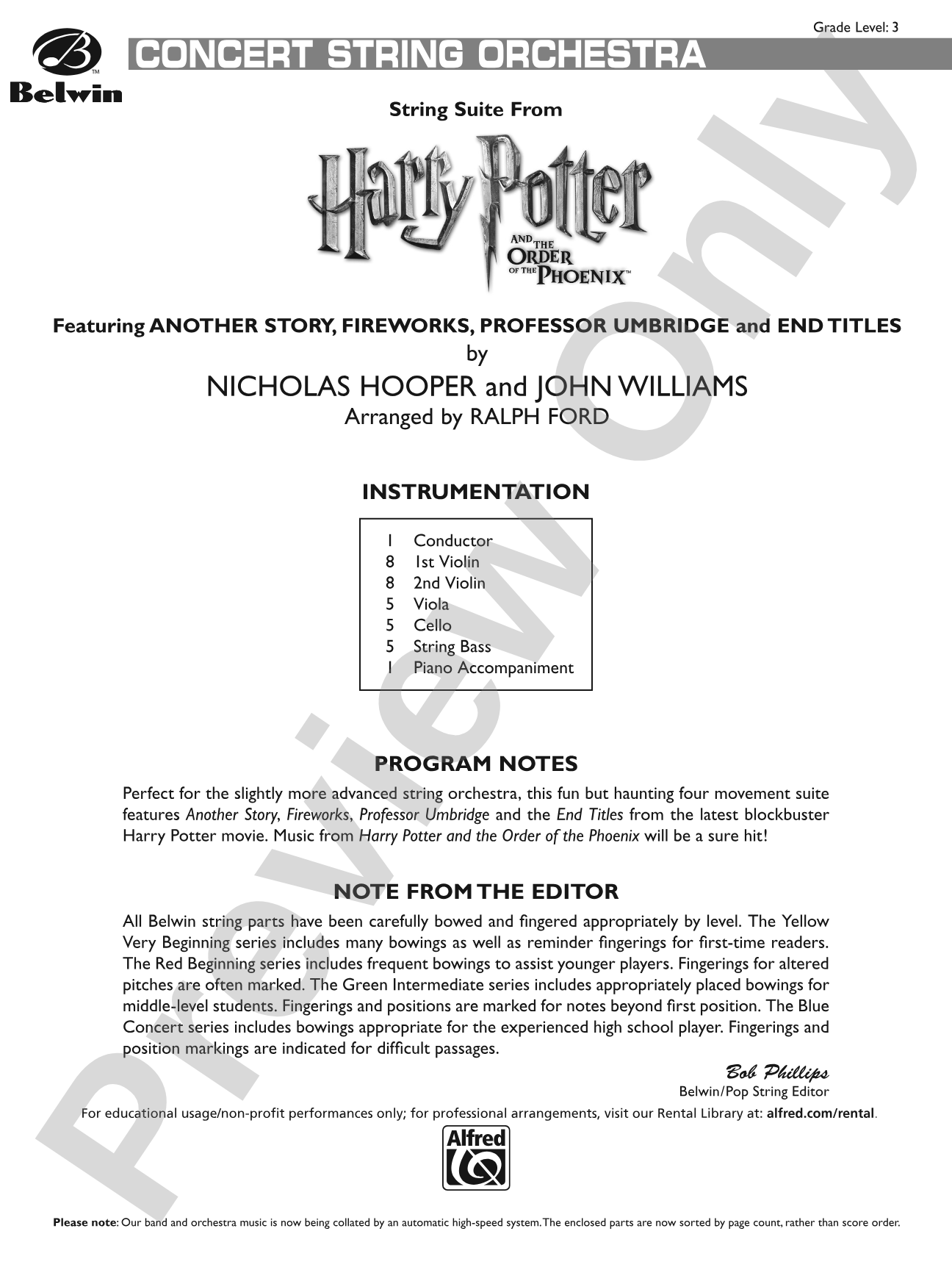 Harry Potter and the Order of the Phoenix, String Suite from: String Orchestra Conductor Score & Parts