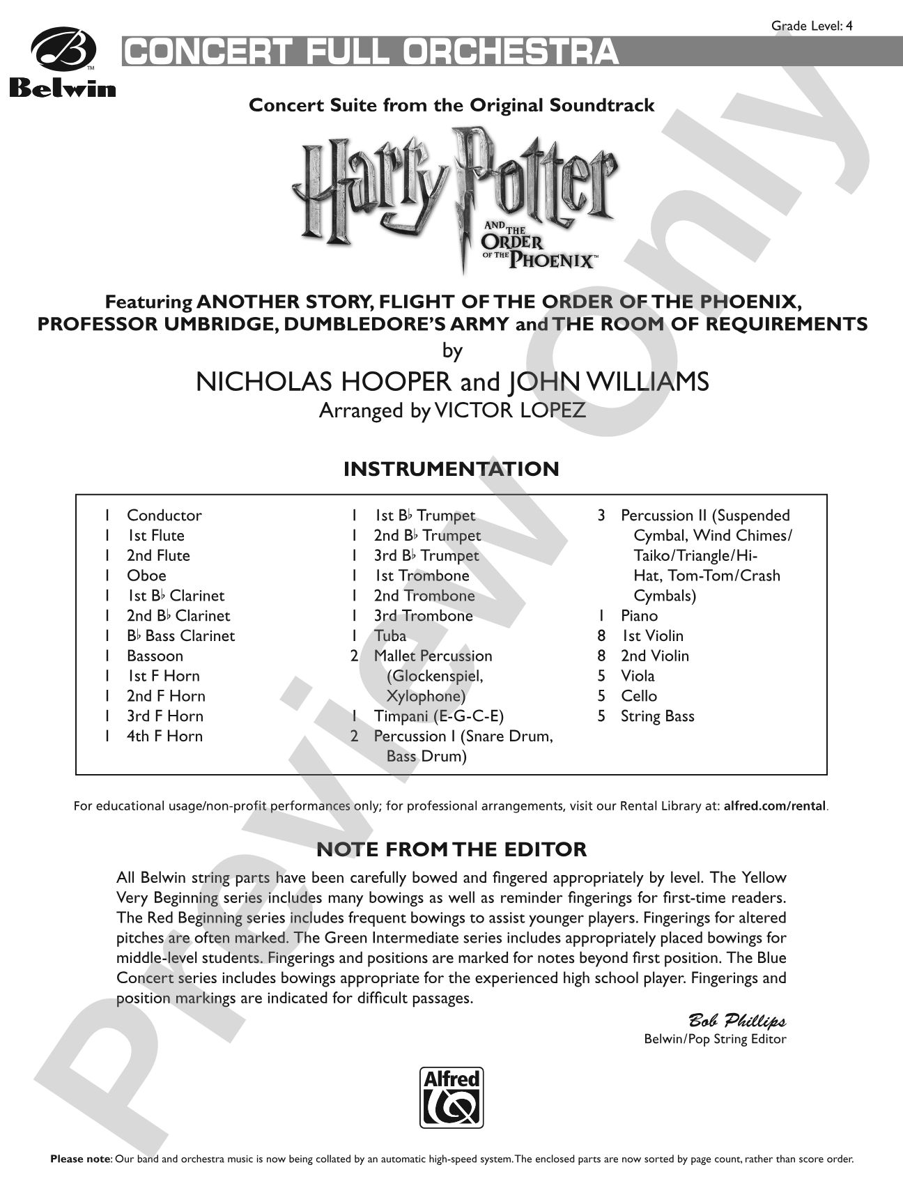 Harry Potter and the Order of the Phoenix, Concert Suite from: Full Orchestra Conductor Score & Parts
