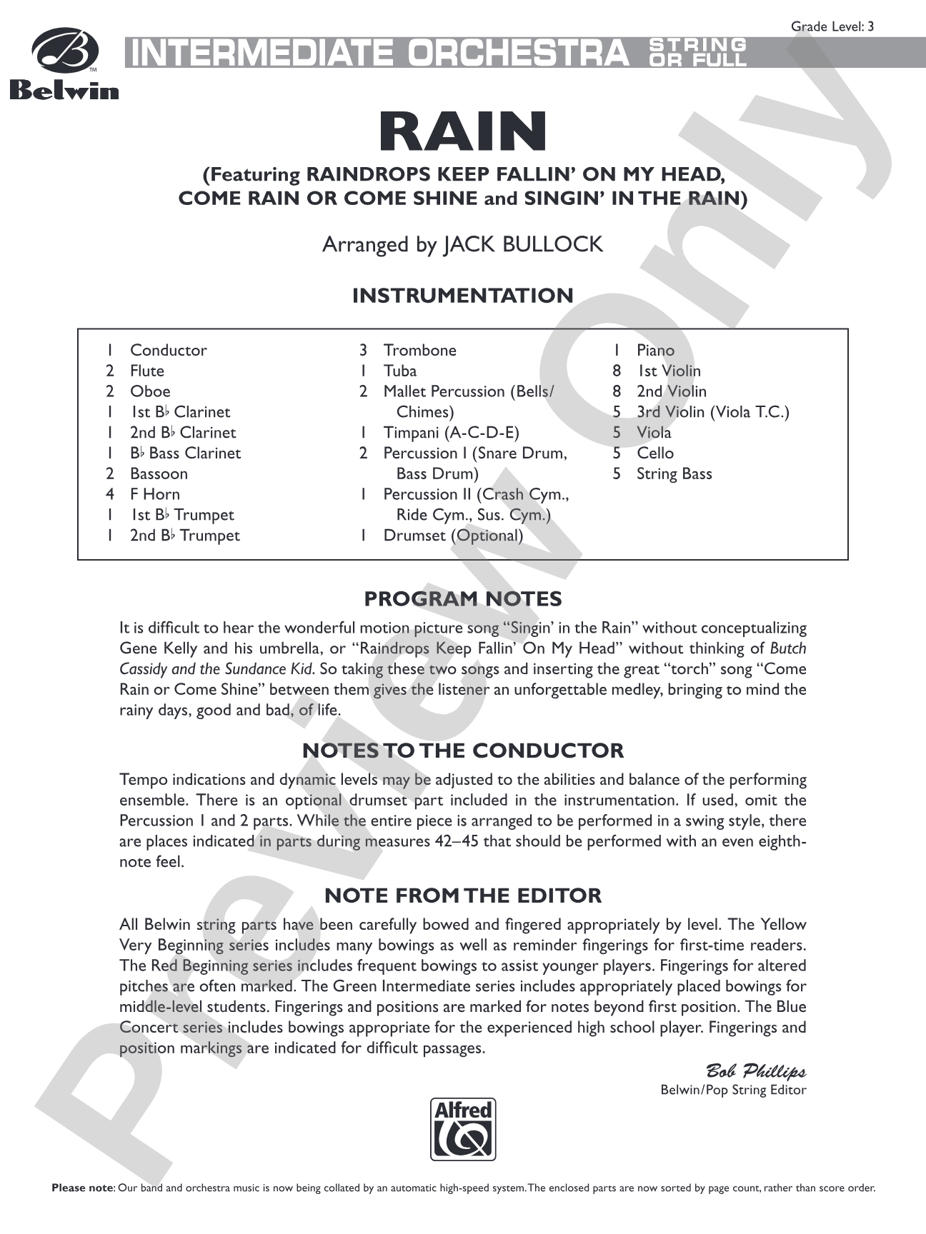 Rain: Full Orchestra Conductor Score & Parts