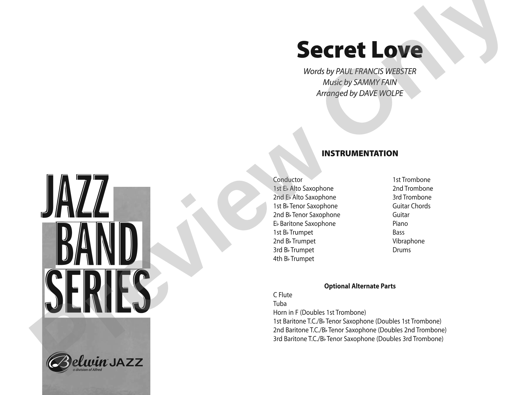 Secret Love: Jazz Ensemble Conductor Score & Parts
