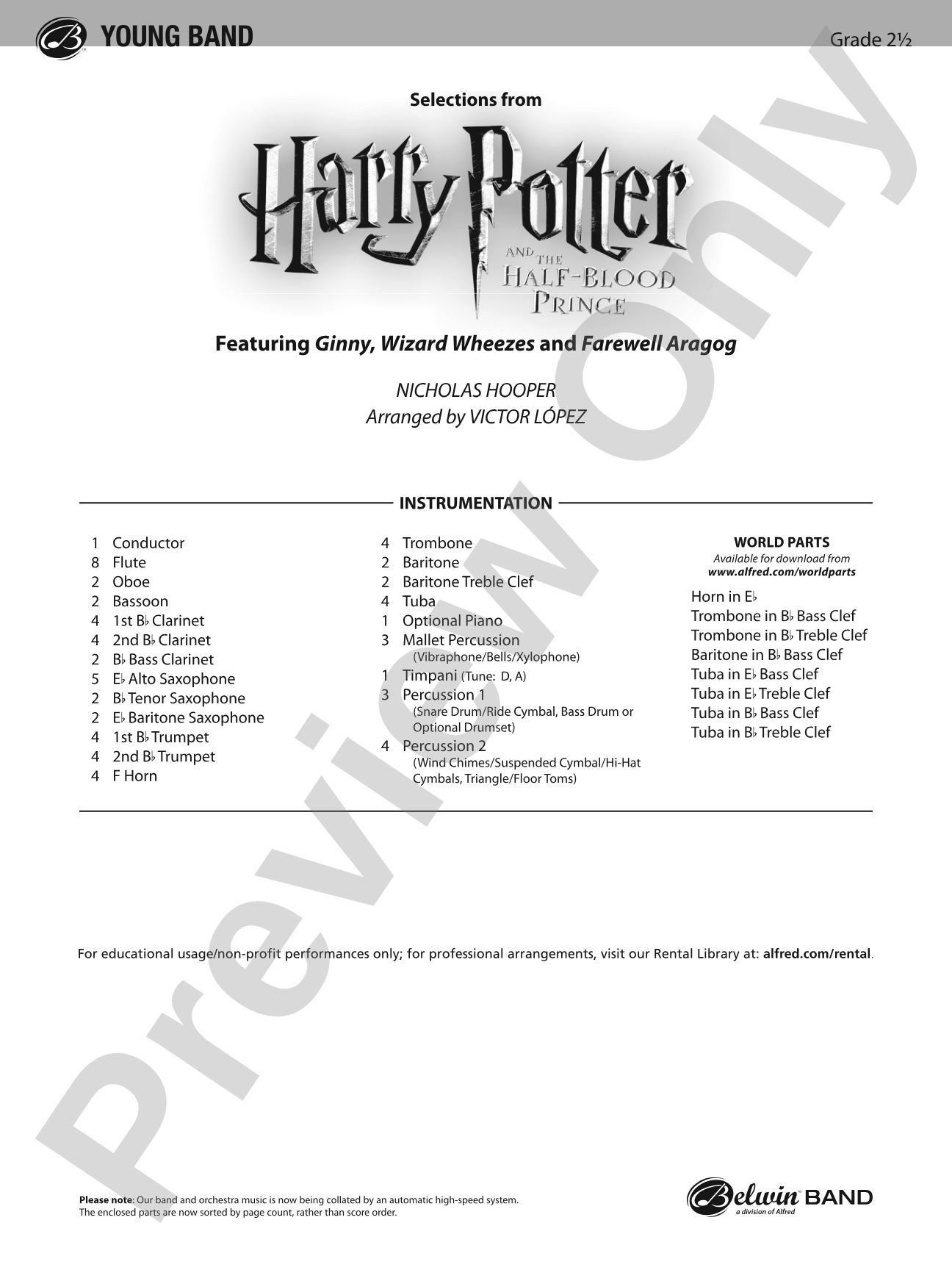 Harry Potter and the Half-Blood Prince, Selections from: Concert Band Conductor Score & Parts