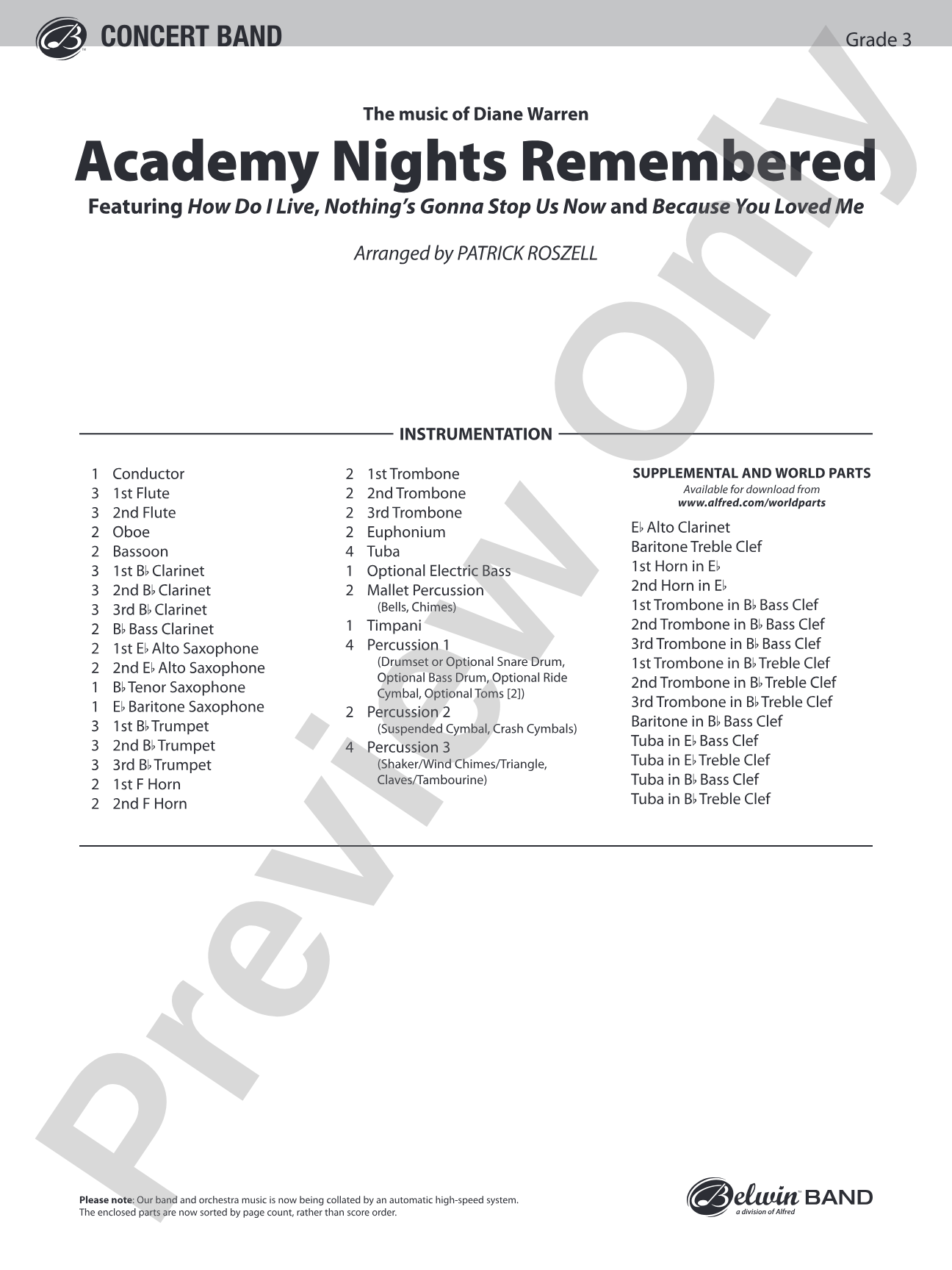 Academy Nights Remembered (The Music of Diane Warren): Concert Band Conductor Score & Parts