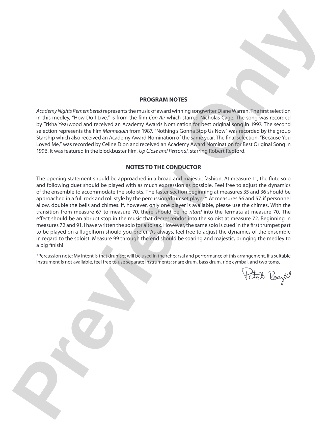Academy Nights Remembered (The Music of Diane Warren): Concert Band Conductor Score & Parts