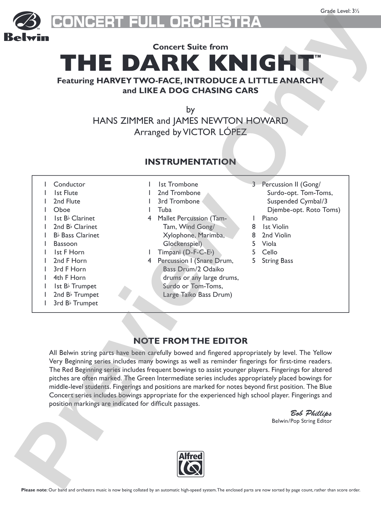 The Dark Knight, Concert Suite from: Full Orchestra Conductor Score & Parts