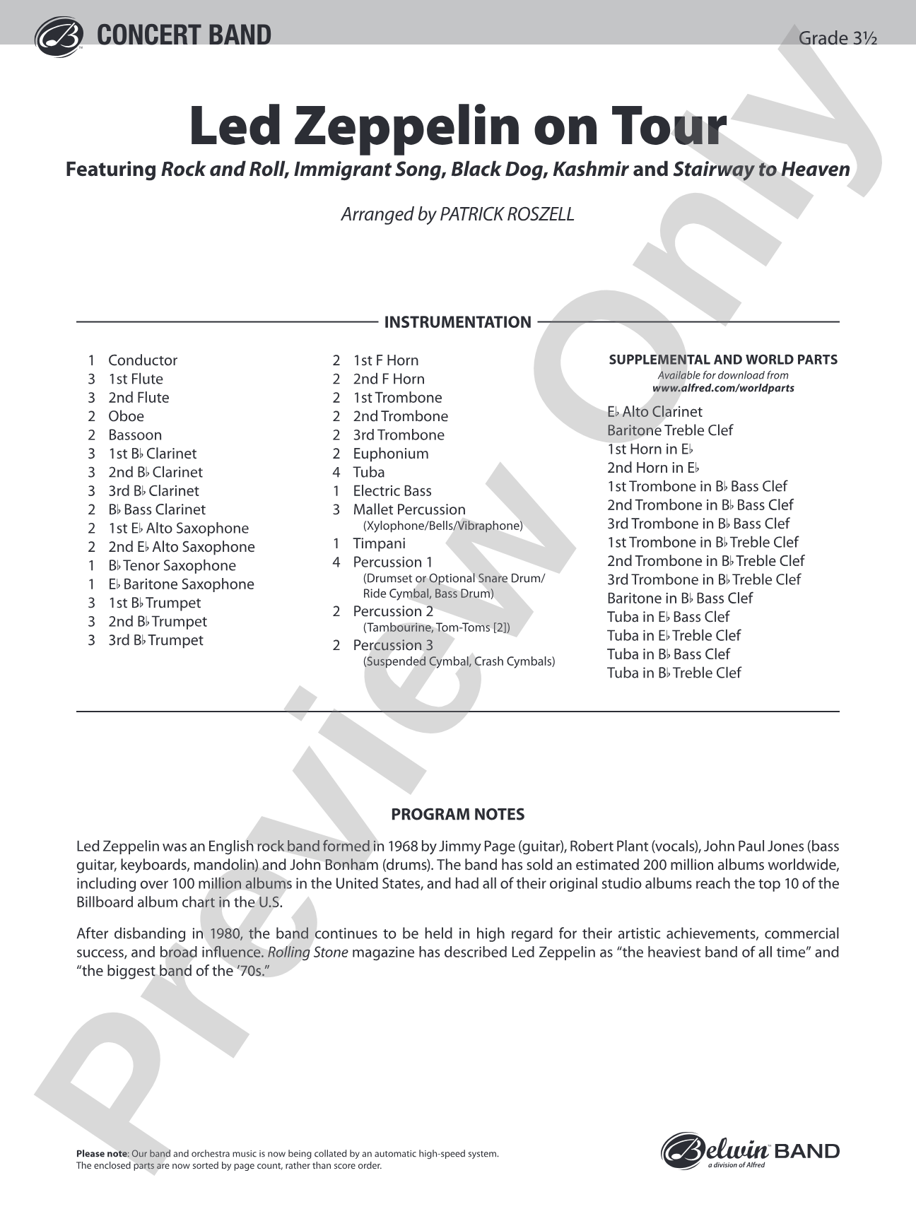 Led Zeppelin on Tour: Concert Band Conductor Score & Parts