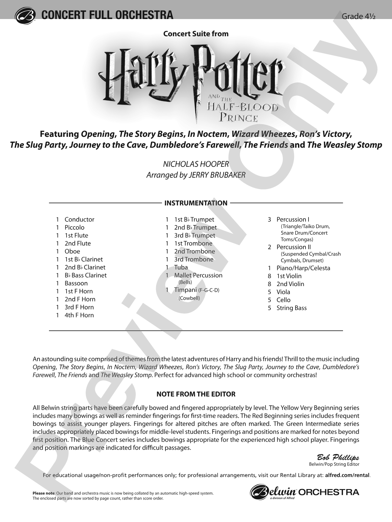 Harry Potter and the Half-Blood Prince, Concert Suite from: Full Orchestra Conductor Score & Parts