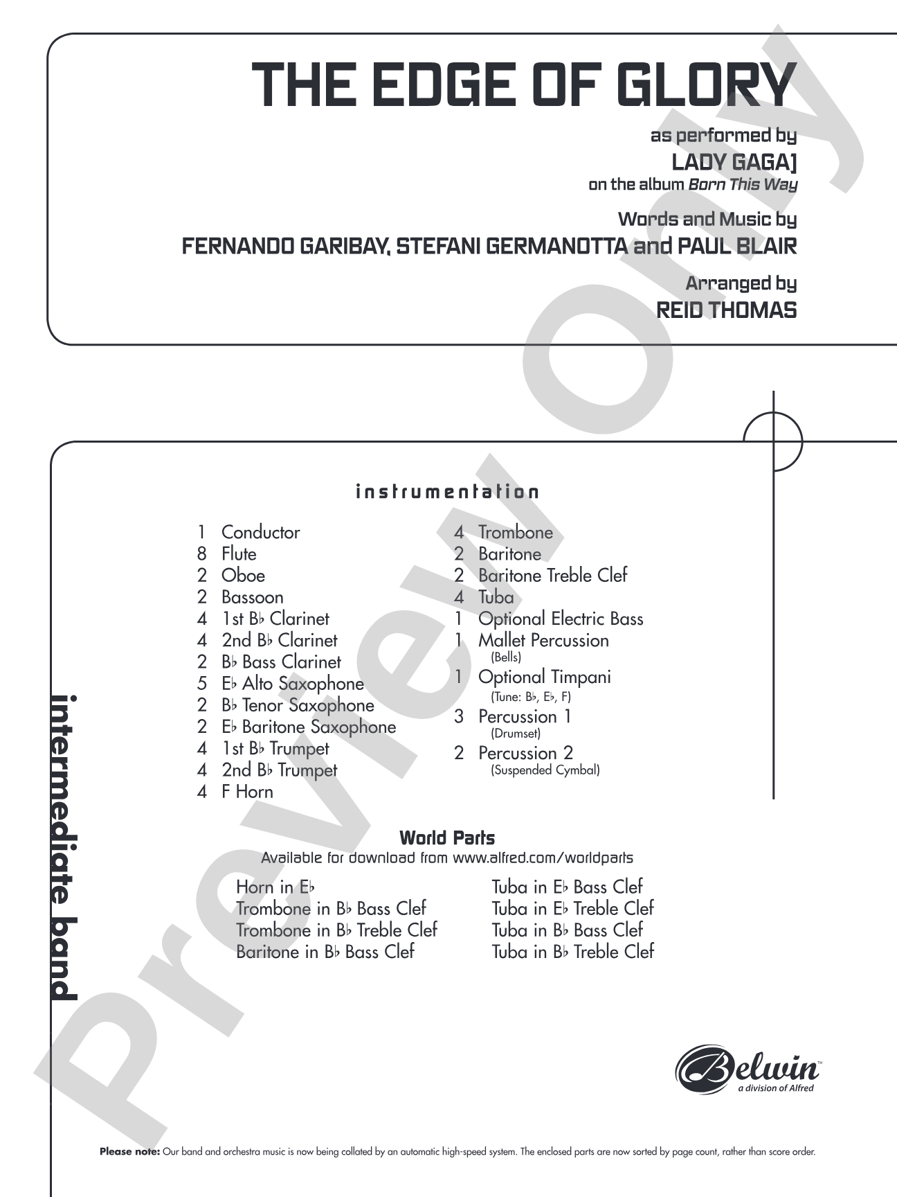 The Edge of Glory: Concert Band Conductor Score & Parts