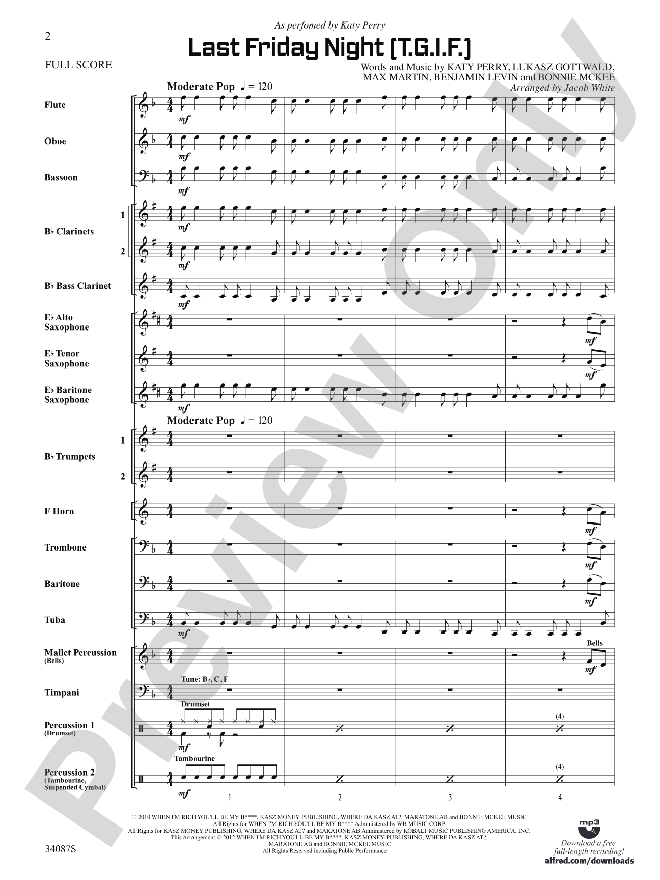 Last Friday Night (T.G.I.F.): Concert Band Conductor Score & Parts