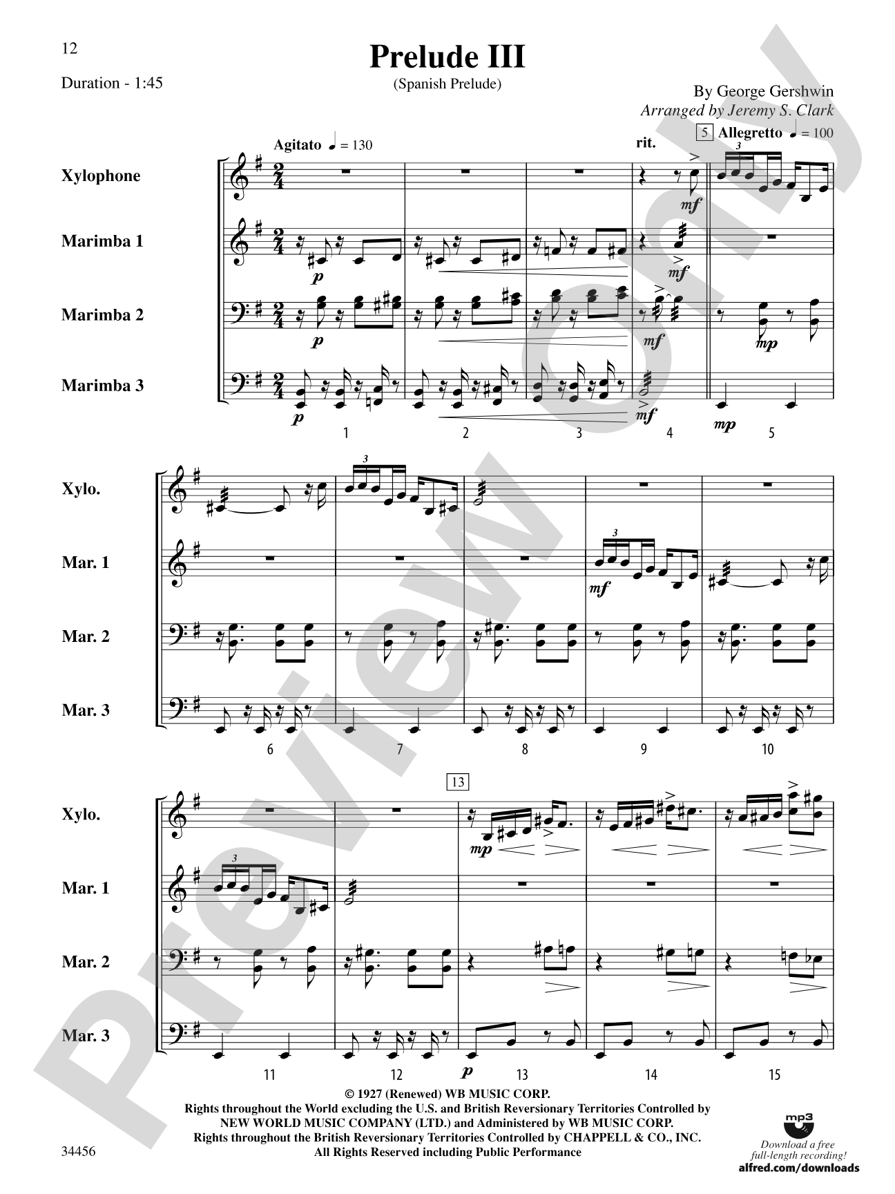 Gershwin Preludes (I-III) for Mallet Ensemble: Score