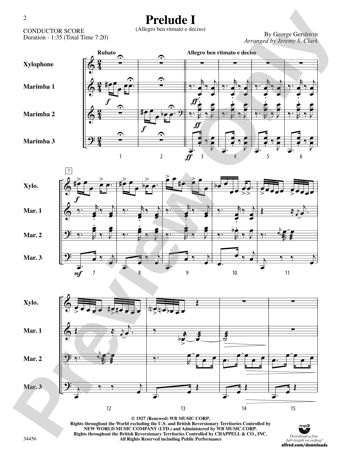 Gershwin Preludes (I-III) for Mallet Ensemble: Score