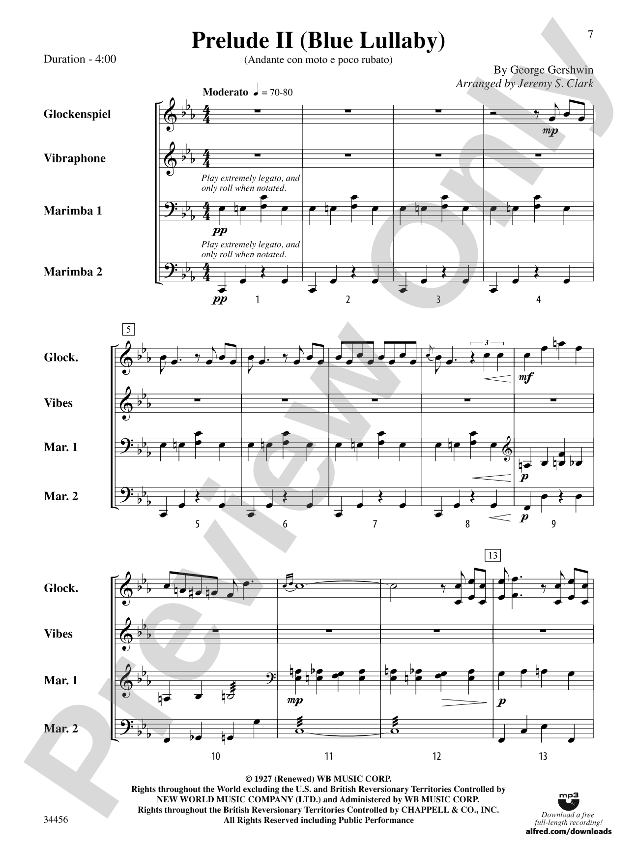 Gershwin Preludes (I-III) for Mallet Ensemble: Score