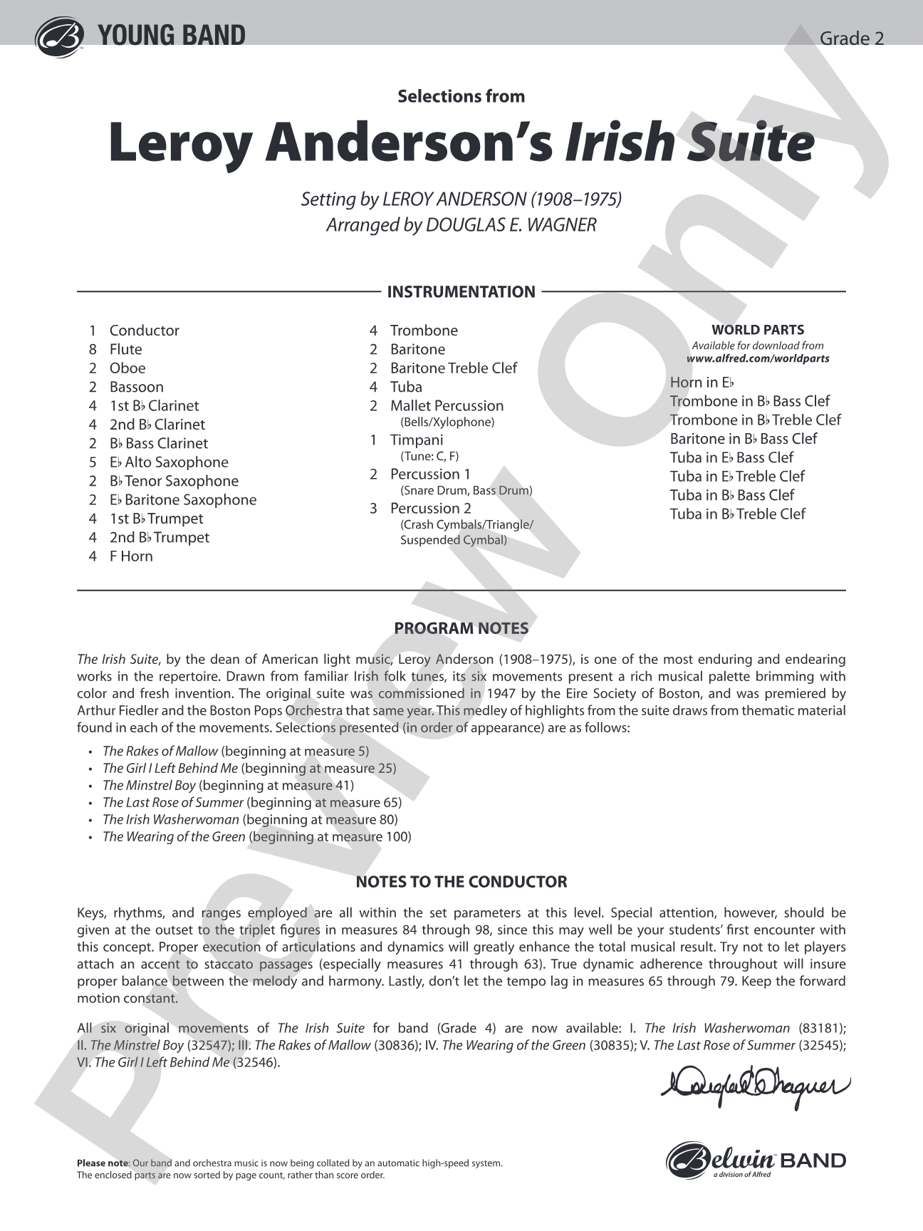 Leroy Anderson’s Irish Suite, Selections from: Concert Band Conductor Score & Parts