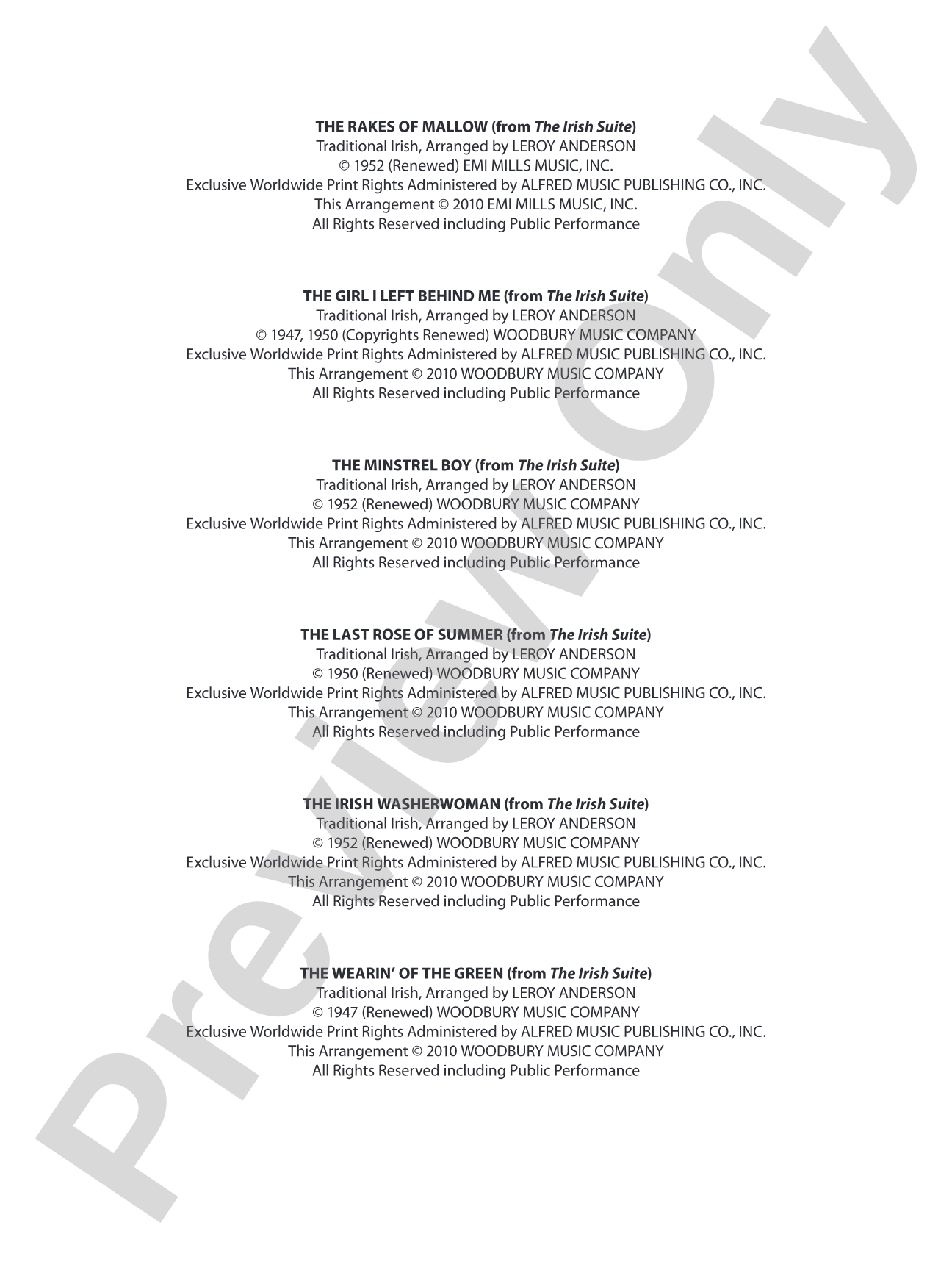 Leroy Anderson’s Irish Suite, Selections from: Concert Band Conductor Score & Parts