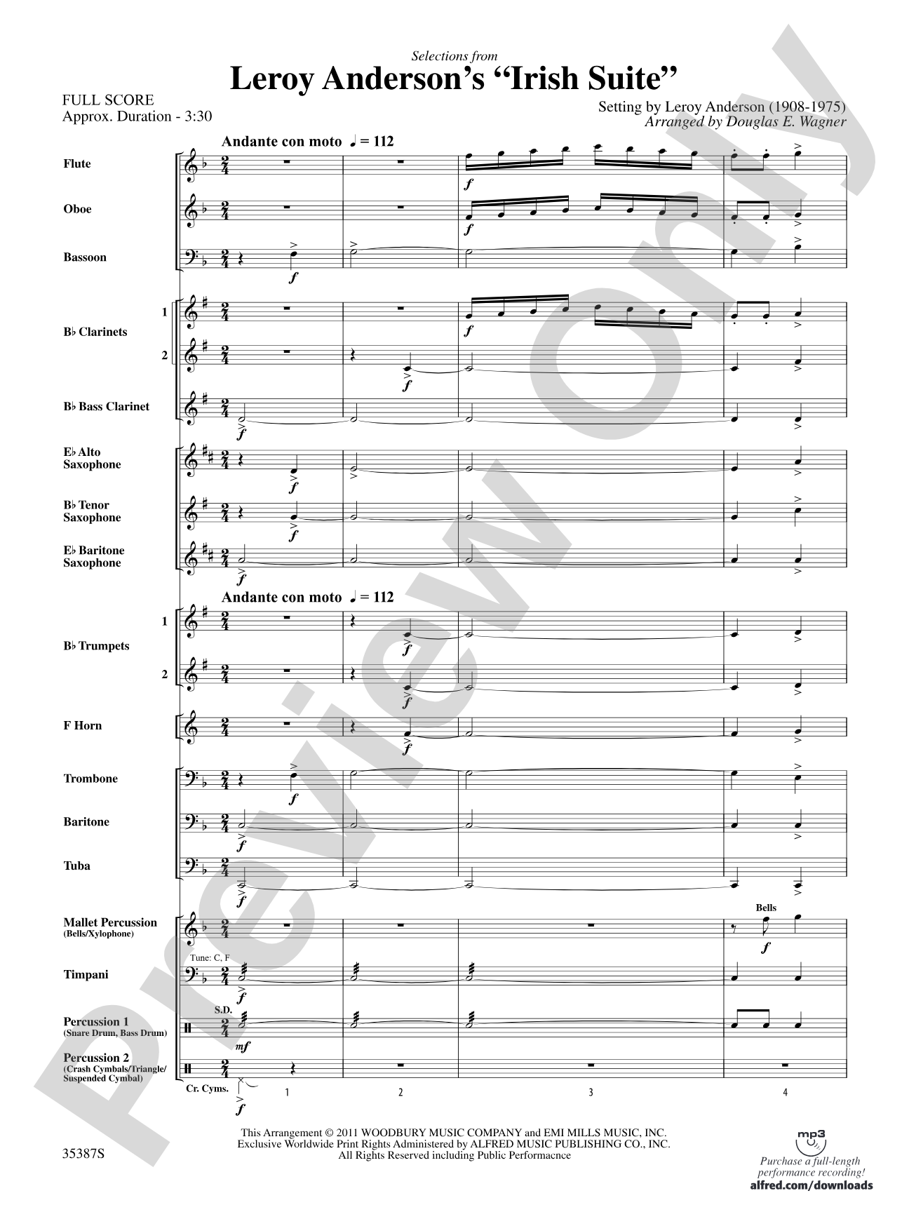 Leroy Anderson’s Irish Suite, Selections from: Concert Band Conductor Score & Parts