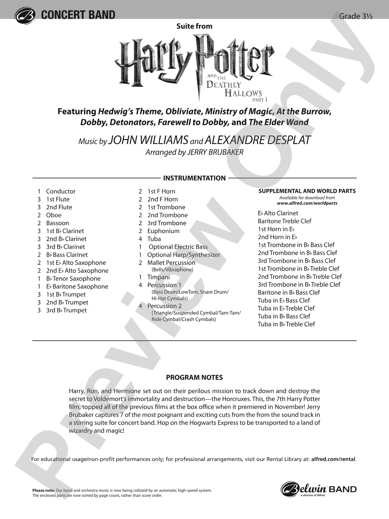Harry Potter and the Deathly Hallows, Part 1, Suite from: Concert Band Conductor Score & Parts