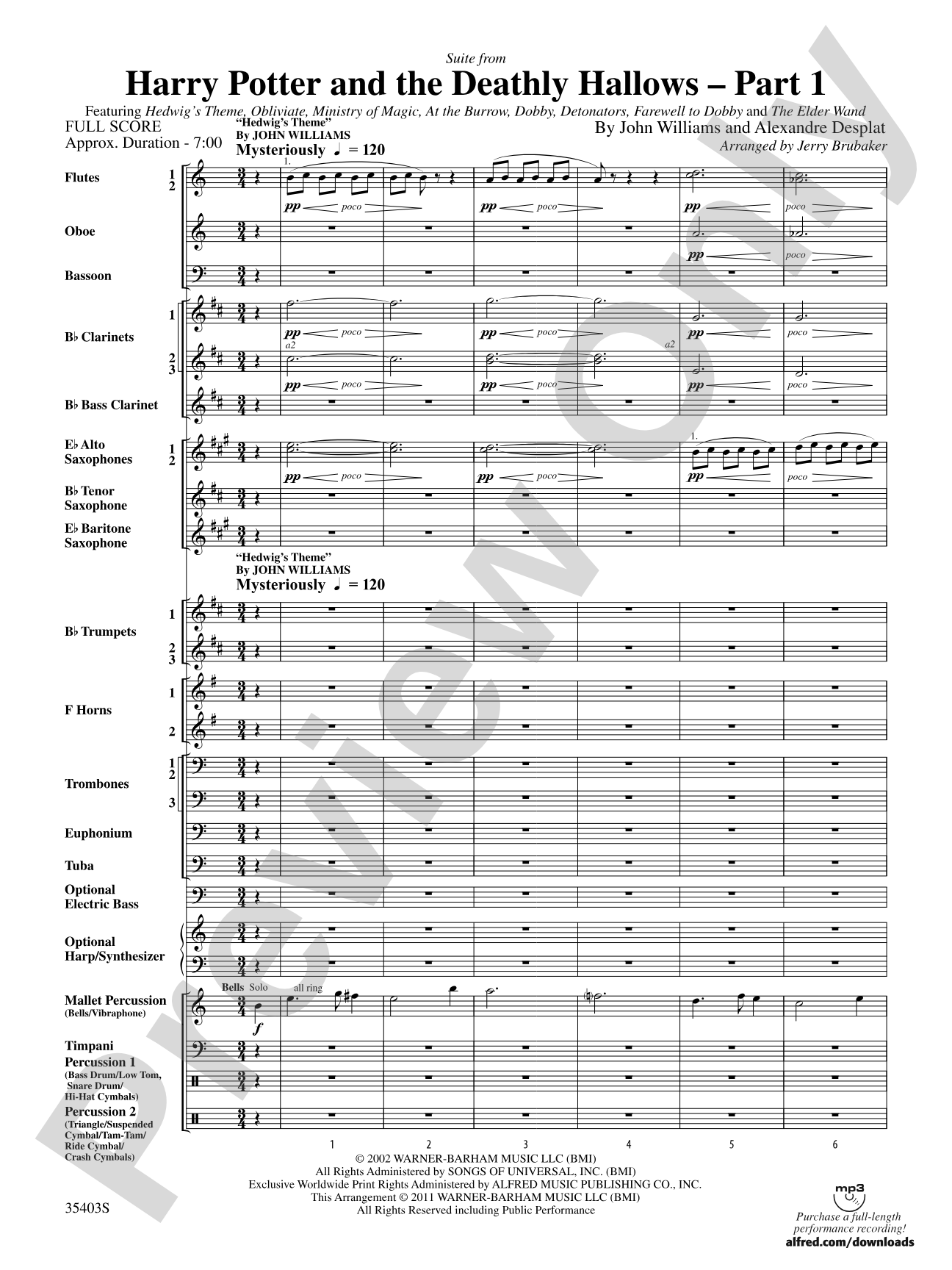 Harry Potter and the Deathly Hallows, Part 1, Suite from: Concert Band Conductor Score & Parts