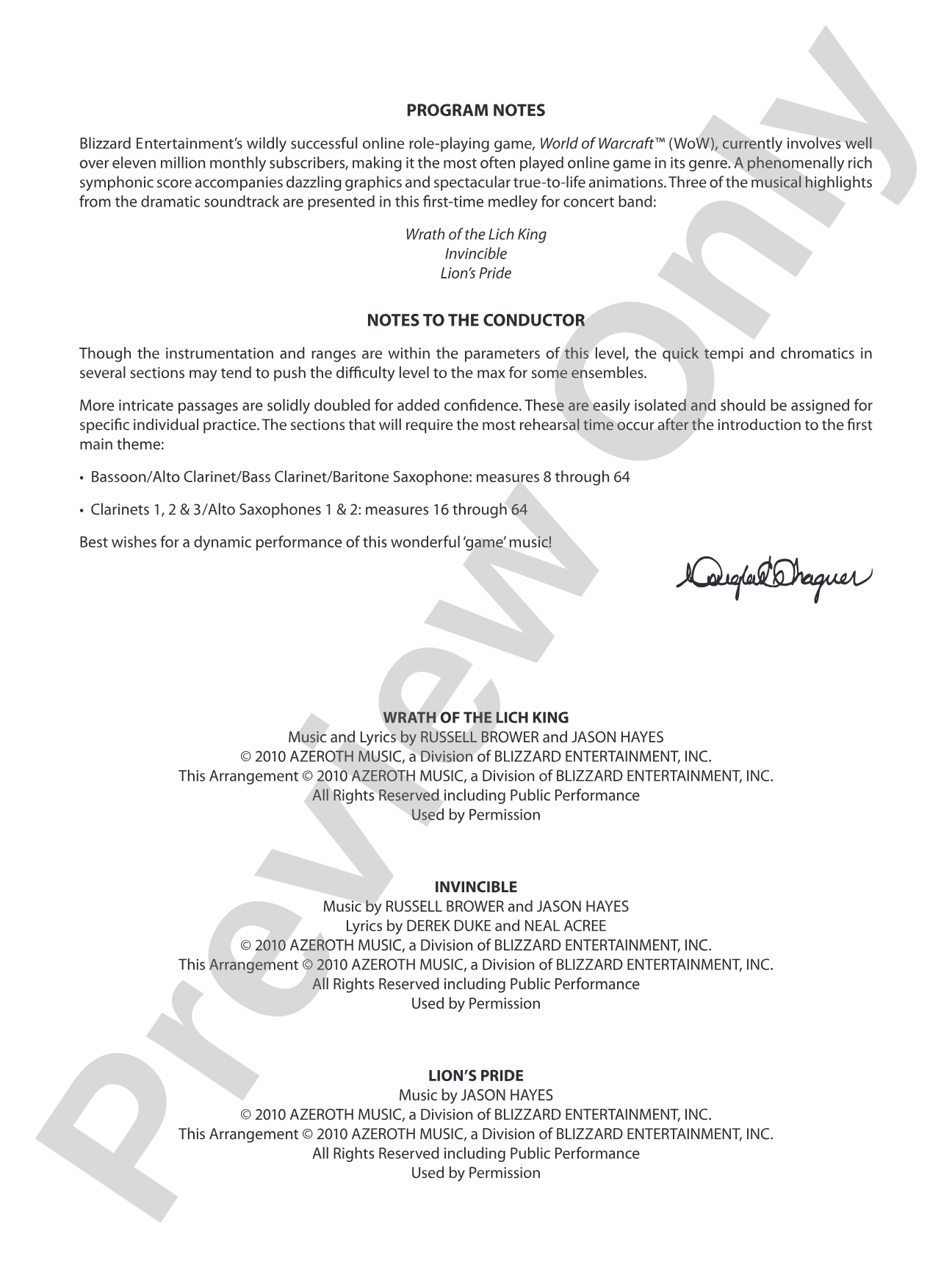 World of Warcraft, Suite from: Concert Band Conductor Score & Parts