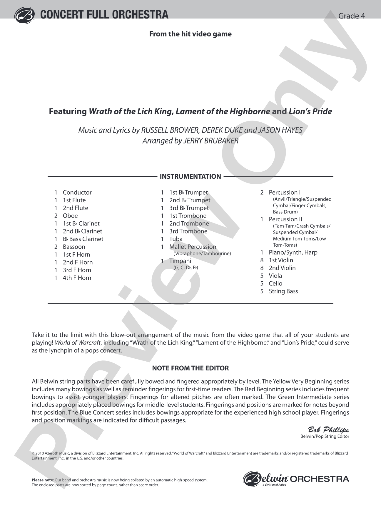 World of Warcraft: Full Orchestra Conductor Score & Parts