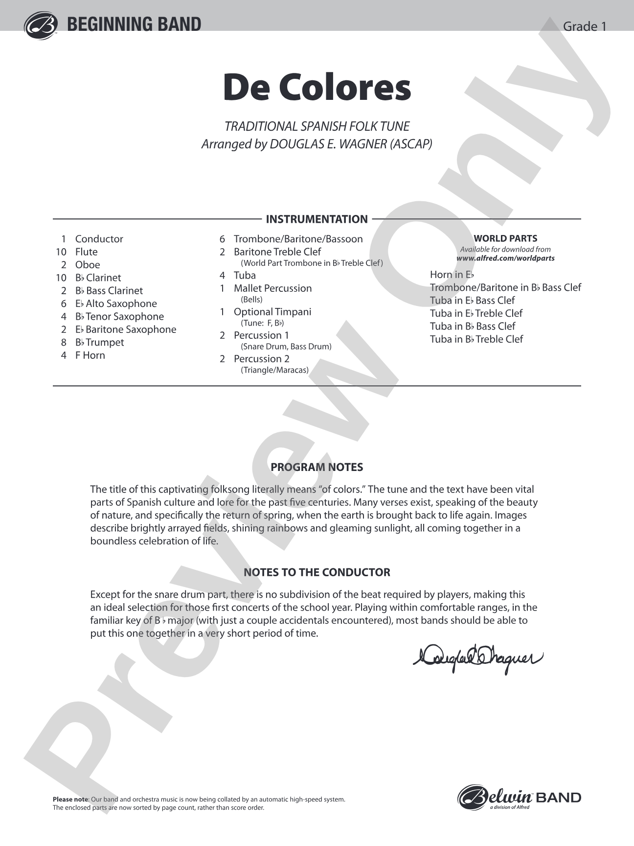 De Colores: Concert Band Conductor Score & Parts