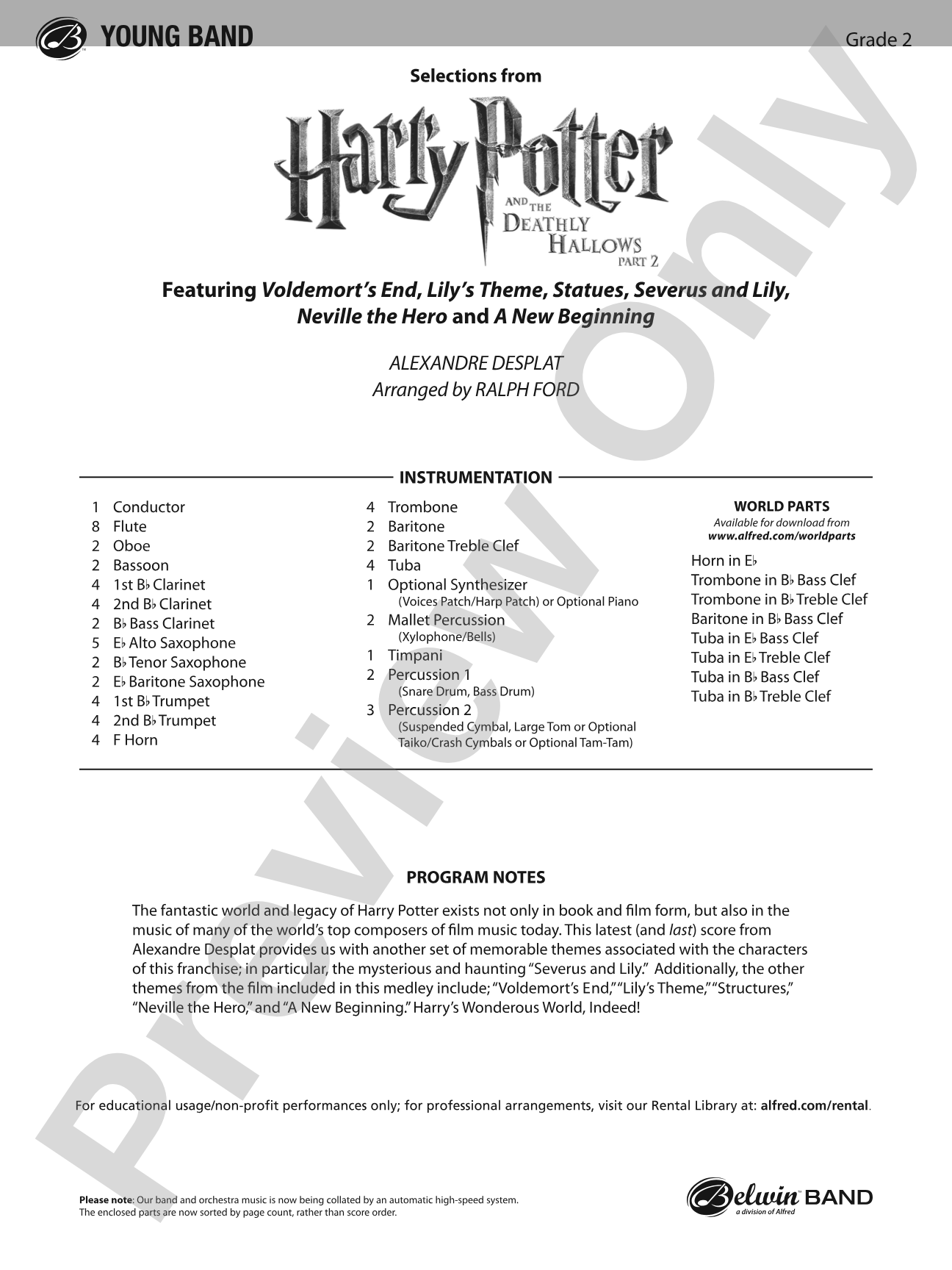 Harry Potter and the Deathly Hallows, Part 2, Selections from: Concert Band Conductor Score & Parts