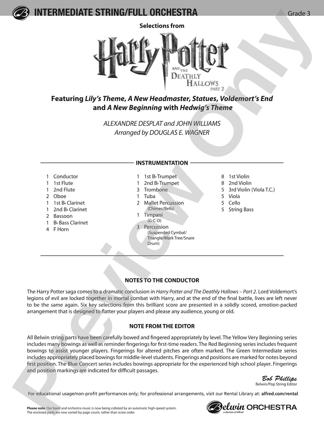 Harry Potter and the Deathly Hallows, Part 2, Selections from: Full Orchestra Conductor Score & Parts