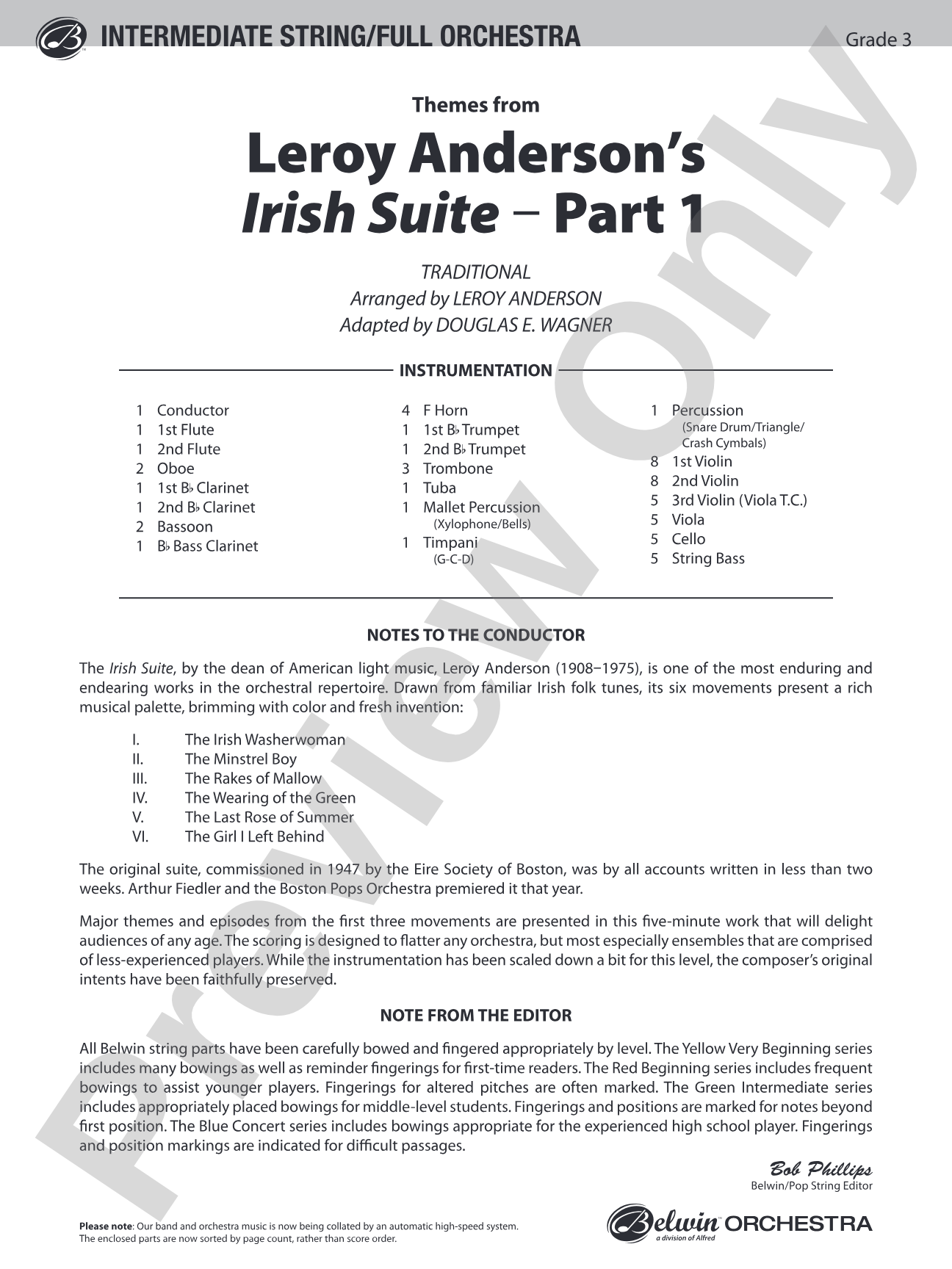 Leroy Anderson's Irish Suite, Part 1 (Themes from): Full Orchestra Conductor Score & Parts