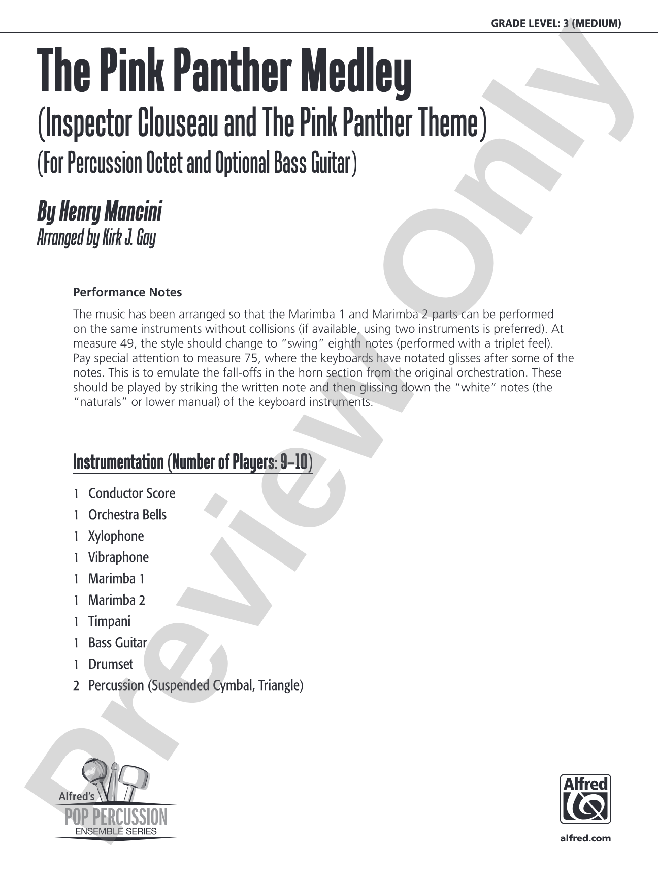 The Pink Panther Medley (Inspector Clouseau and The Pink Panther Theme): Percussion Ensemble Score & Parts