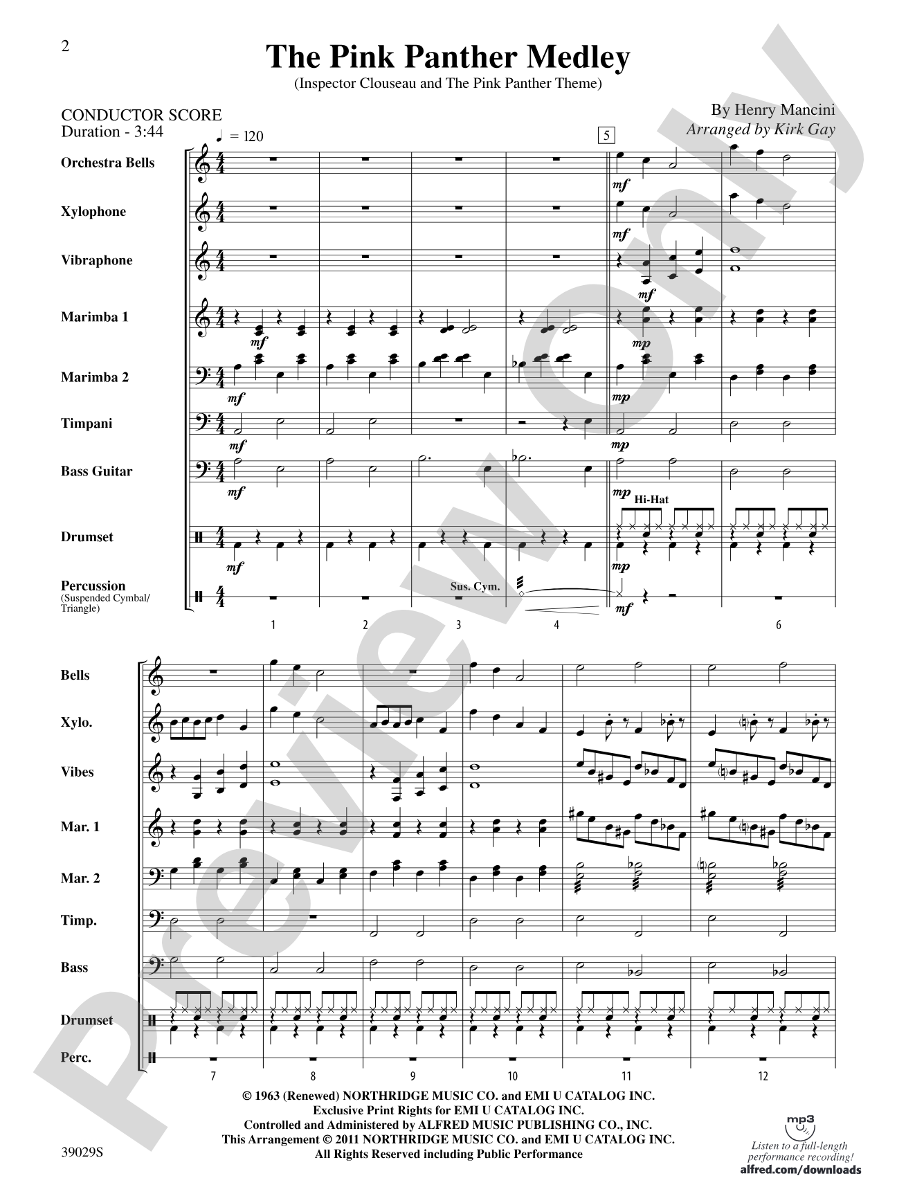 The Pink Panther Medley (Inspector Clouseau and The Pink Panther Theme): Percussion Ensemble Score & Parts