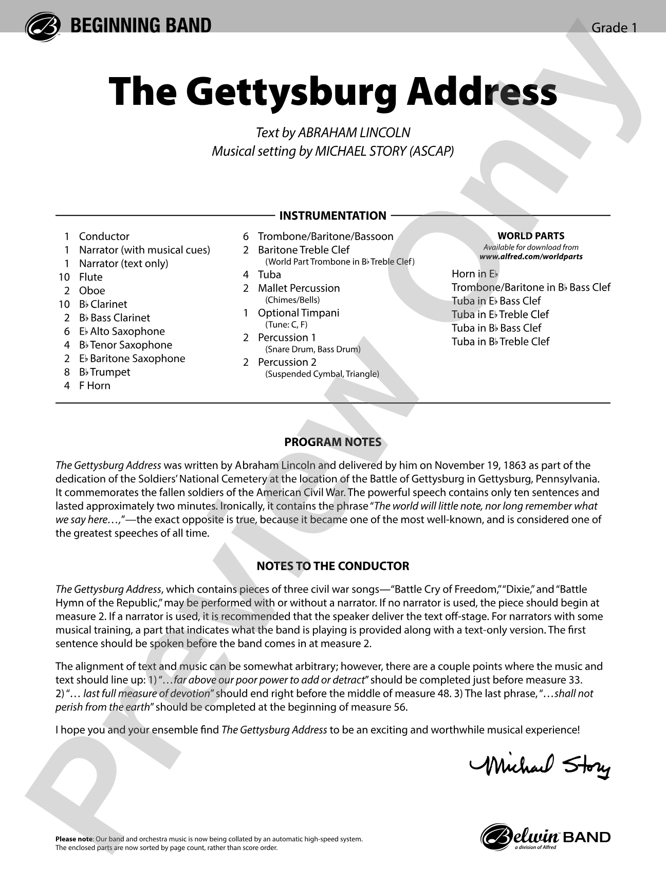 The Gettysburg Address: Concert Band Conductor Score & Parts